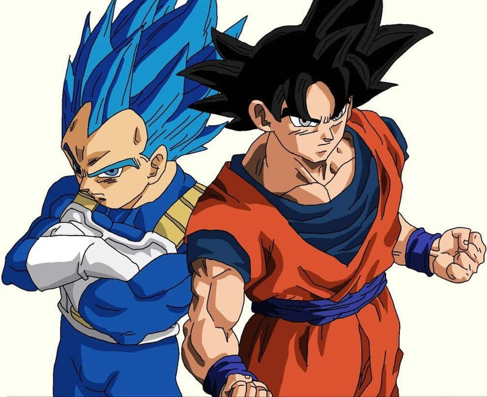 Vegeta And Goku 桌布 壁紙 — 兩個強大的動漫戰士悟空和貝吉塔以兇猛的戰鬥姿勢站在樸素的背景前。