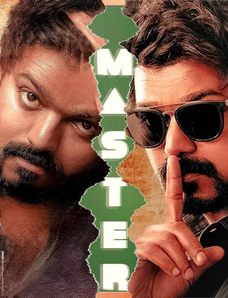 Master 桌布 壁紙 — 兩個強烈的男人被一張綠色撕裂的海報（帶有「MASTER」文字）分開，一個怒視，另一個將手指放在嘴唇上。