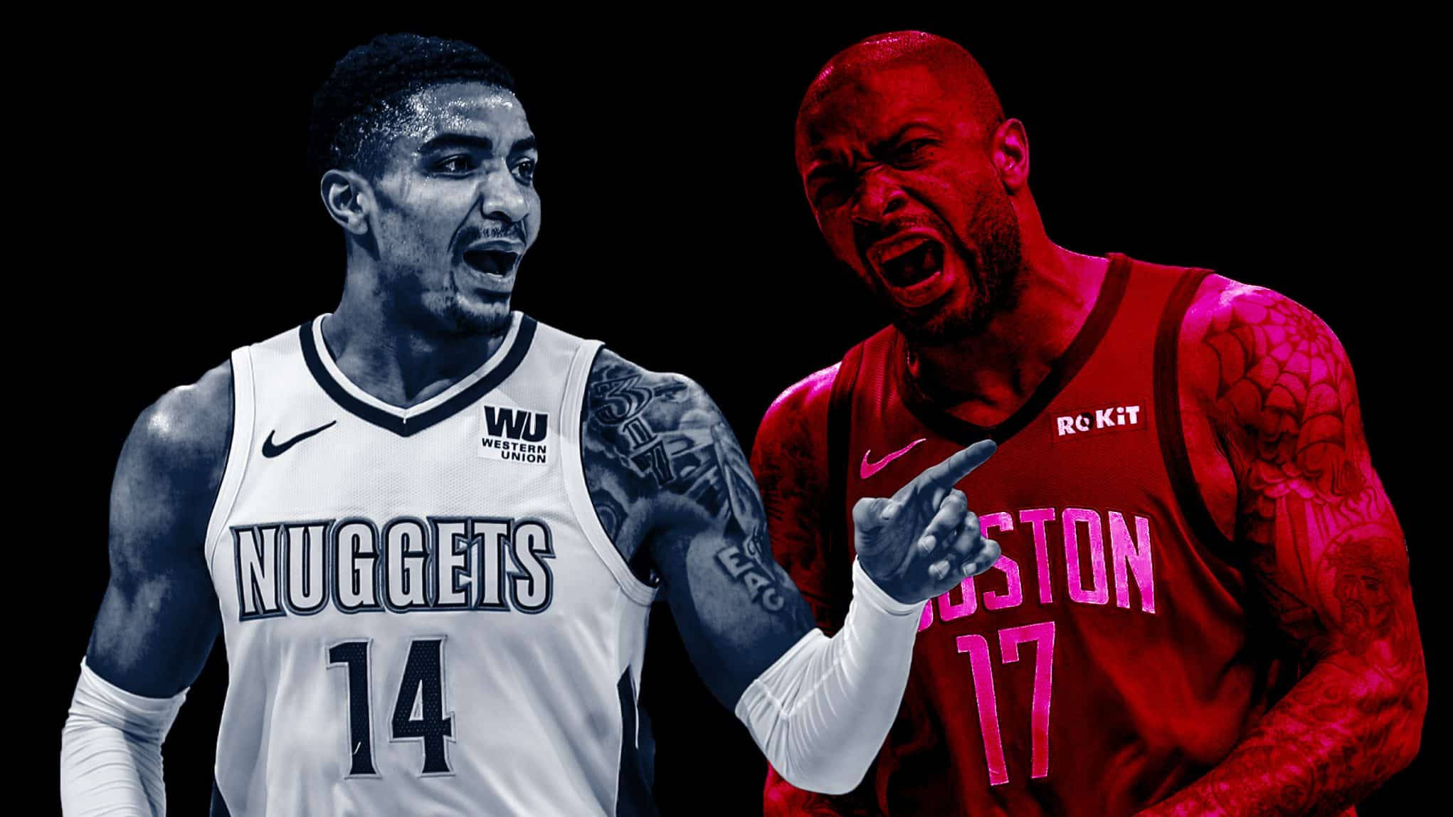 gary harris 桌布 壁紙 — 兩個強烈的籃球運動員以對比的單色和紅色色調在黑色背景上激進地大喊。