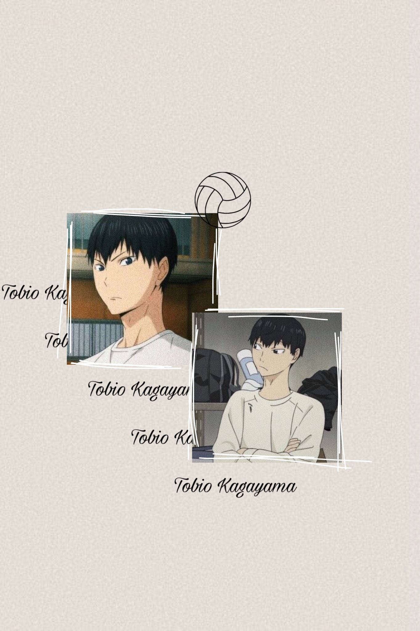 Kageyama 桌布 壁紙 — 兩個影山飛雄的動漫肖像，上方有一個排球，以草圖線條框在米色背景上。