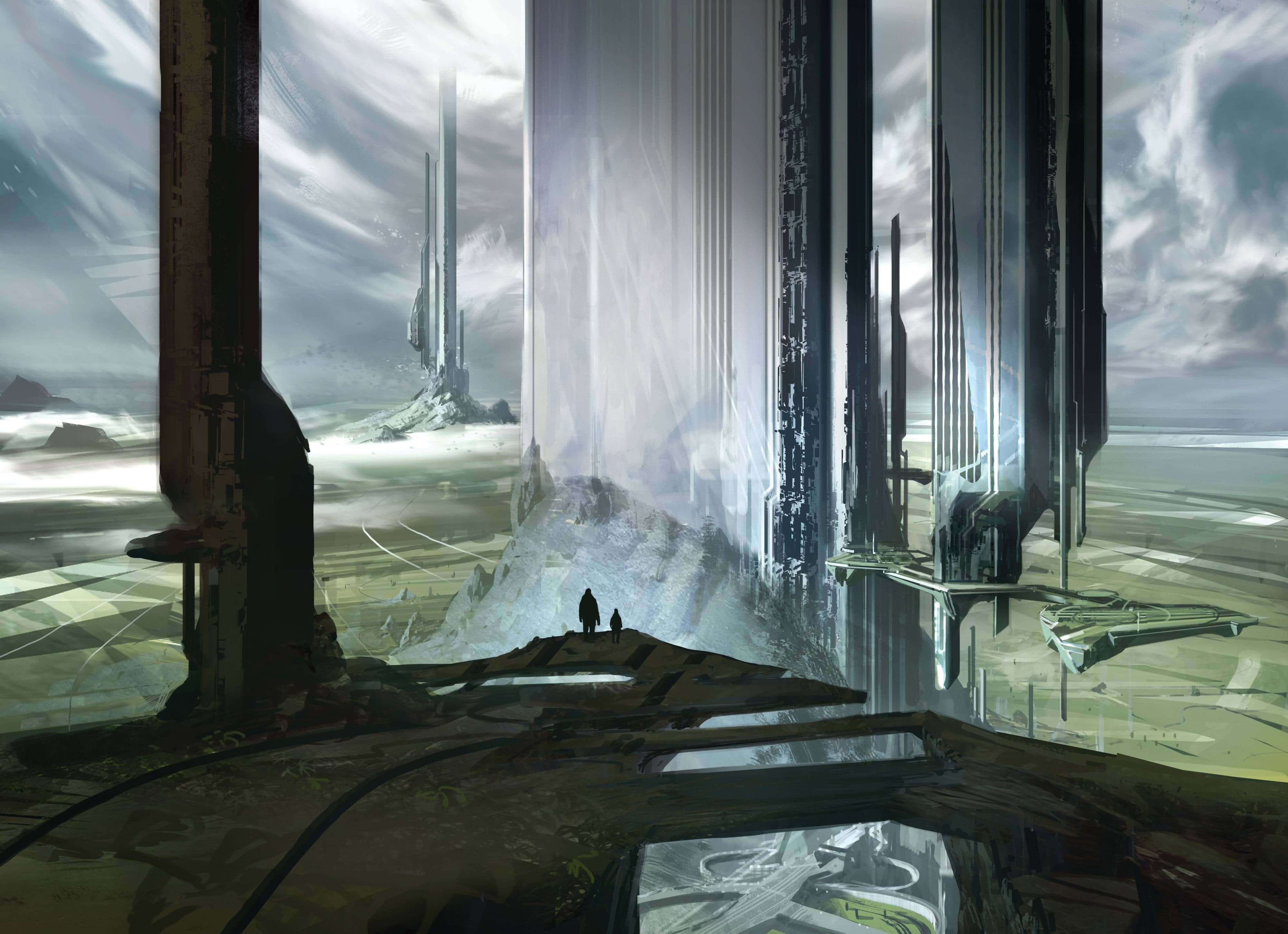 Halo Forerunner 桌布 壁紙 — 兩個微小的人物站在一個破碎的平台上，凝視著從霧濛濛的外星景觀中升起的高聳未來主義尖塔，天空多雲。