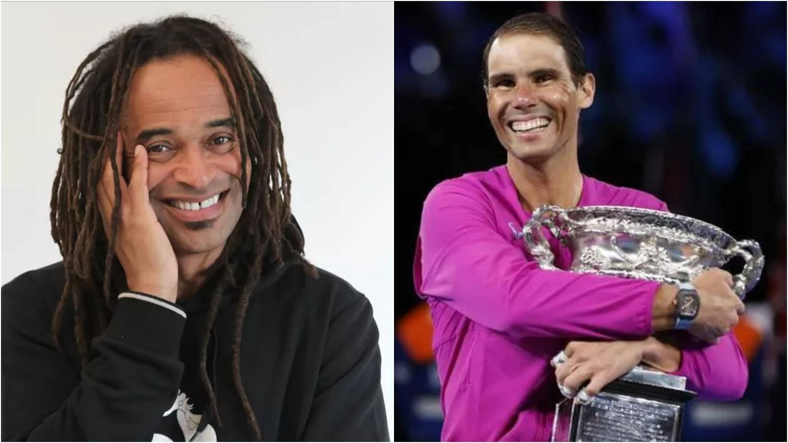 Tennis 桌布 壁紙 — 兩個微笑男人的分割肖像，一個有辮子頭觸碰臉部，另一個穿粉紅色拿著銀色網球獎盃。