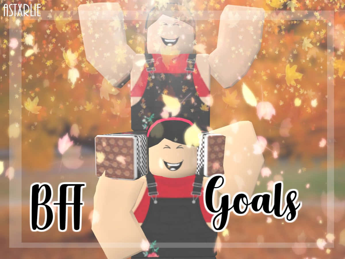 Roblox Bff 桌布 壁紙 — 兩個微笑的 Roblox 角色穿著秋季主題服裝，在金色樹葉背景前手持巧克力棒，並帶有 'BA Goals' 文字。