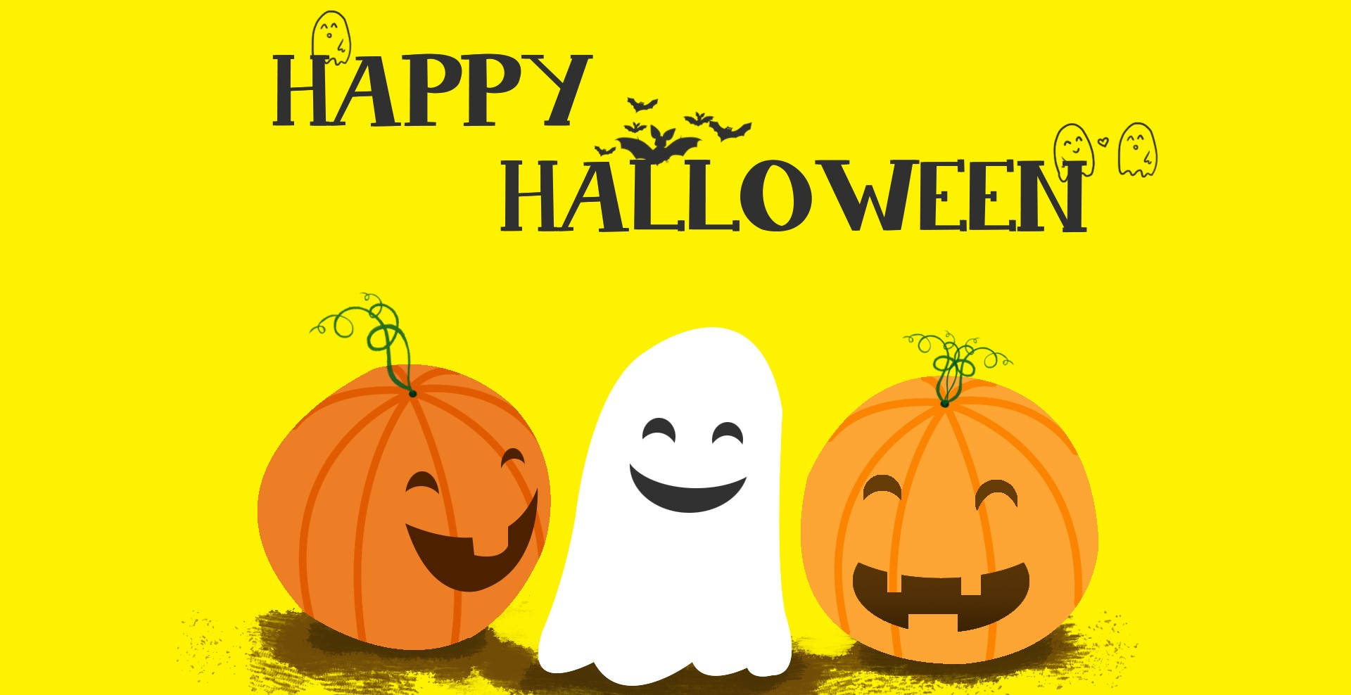 Happy Halloween 桌布 壁紙 — 兩個微笑的傑克南瓜燈夾著一個歡快的白色幽靈，背景是明亮的黃色萬聖節。