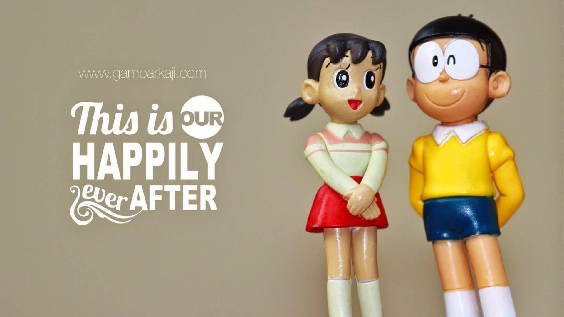 Doraemon 桌布 壁紙 — 兩個微笑的動漫公仔站在文字「This is OUR HAPPILY ever AFTER」旁邊，背景為純米色。
