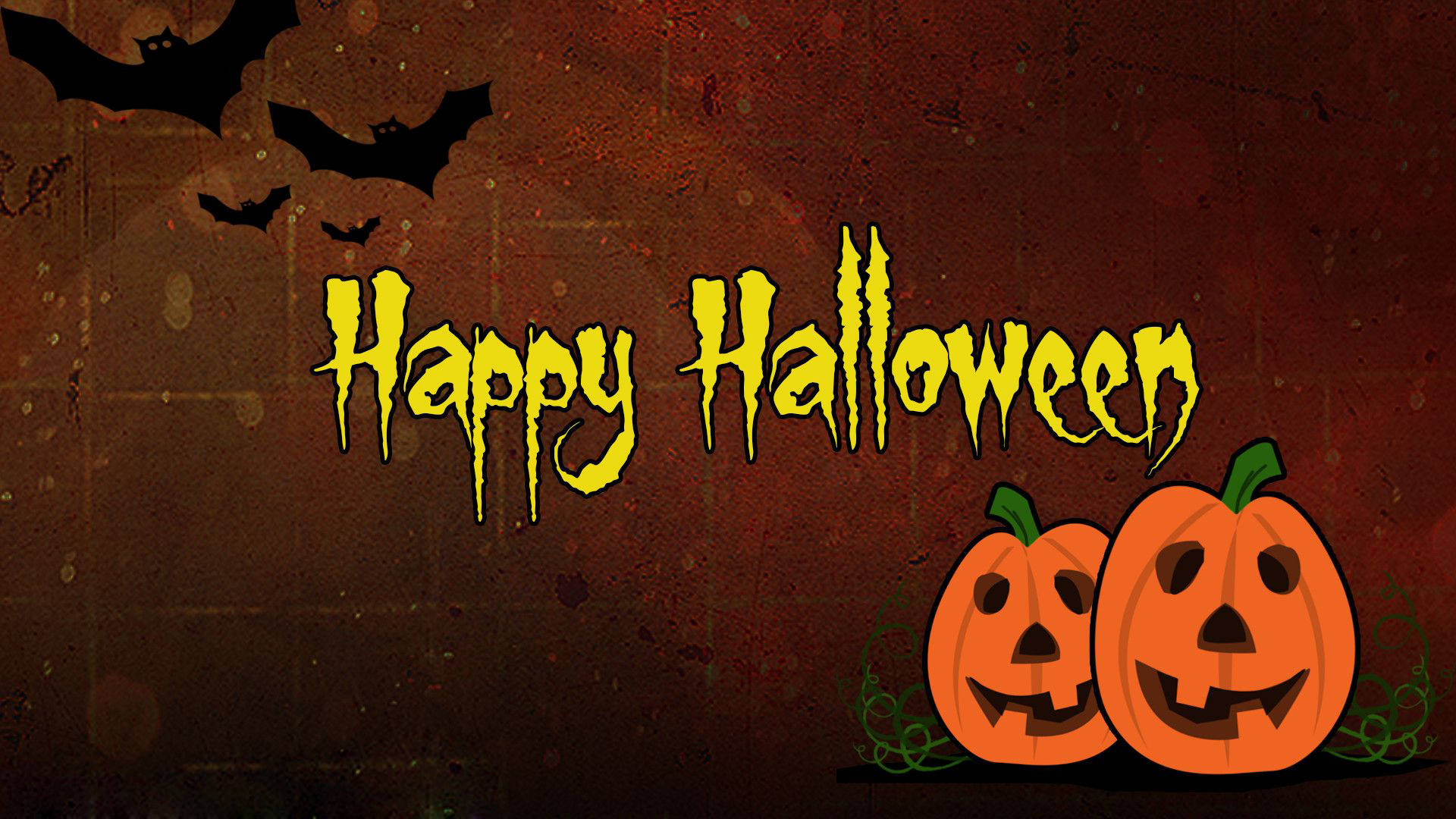 Cute Aesthetic Halloween 桌布 壁紙 — 兩個微笑的南瓜燈坐在發光的黃色 'Happy Halloween' 文字旁邊，背景是深紅色紋理背景，有蝙蝠飛舞。