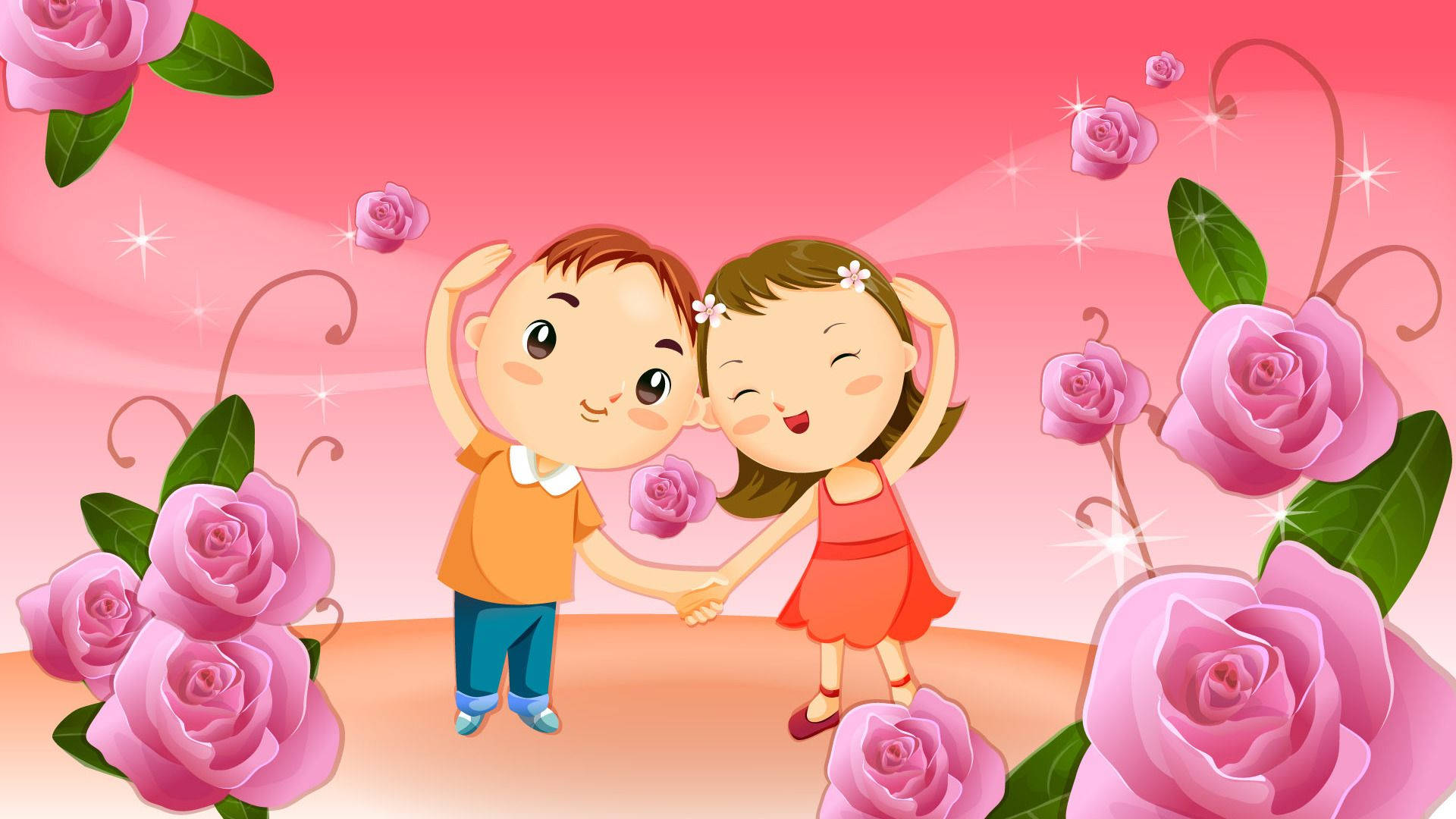 Cute Couples Cartoon 桌布 壁紙 — 兩個微笑的卡通小孩手牽手，在閃爍的粉紅色天空下，於大粉紅玫瑰中快樂地跳舞。