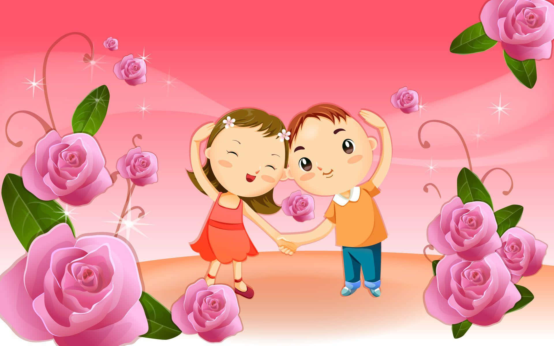 couple love 桌布 壁紙 — 兩個微笑的卡通小孩手牽手，在飄浮的粉紅玫瑰中跳舞，背景是閃爍的粉紅天空。