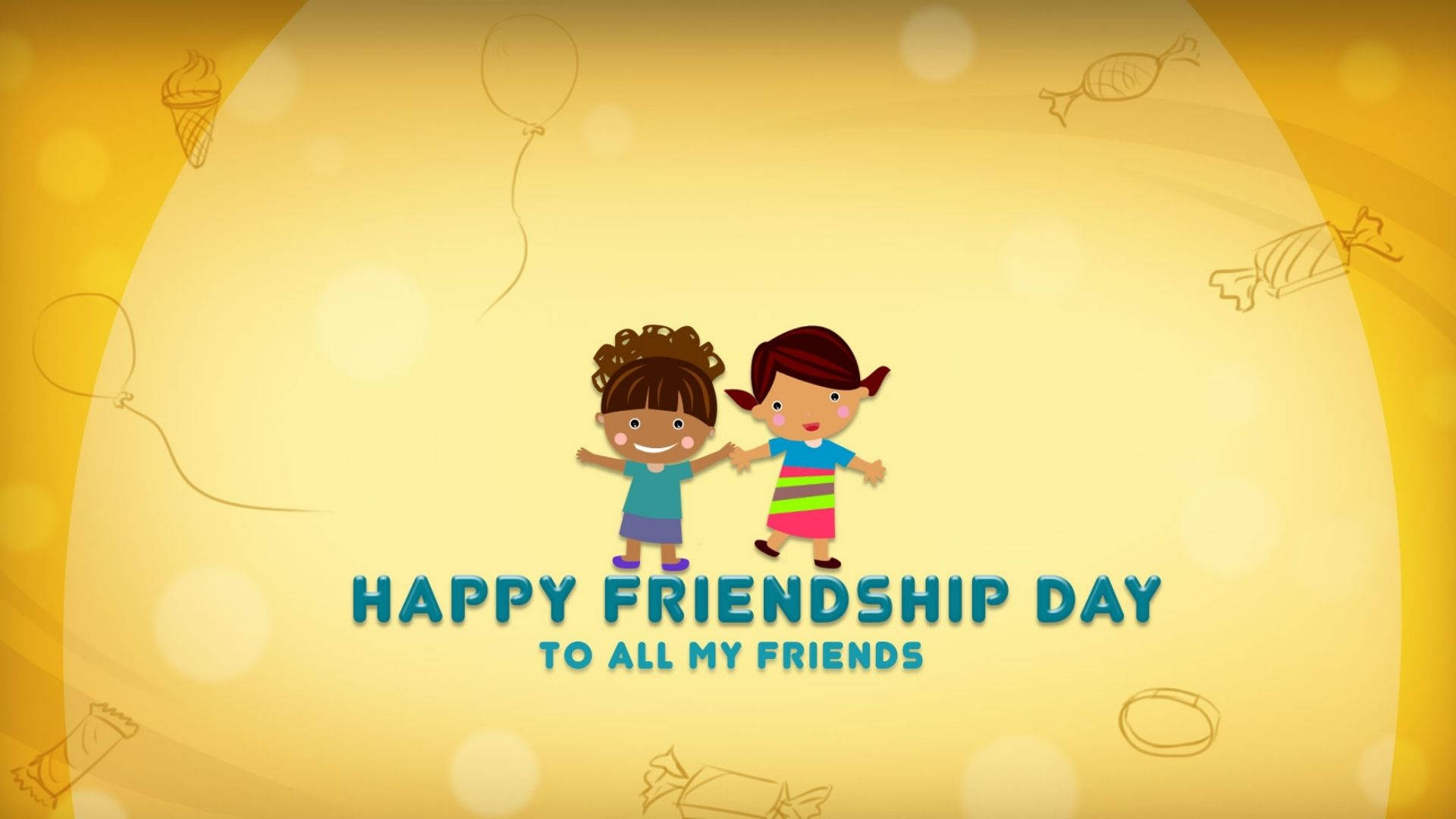 Friendship Day 桌布 壁紙 — 兩個微笑的卡通小孩手牽手，背景是溫暖的黃色，有漂浮的糖果和氣球輪廓。