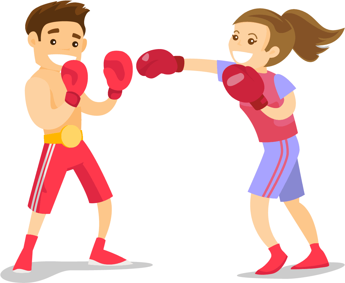Kickboxing 桌布 壁紙 — 兩個微笑的卡通拳擊手穿著紅色裝備在黑色背景上交換拳頭。