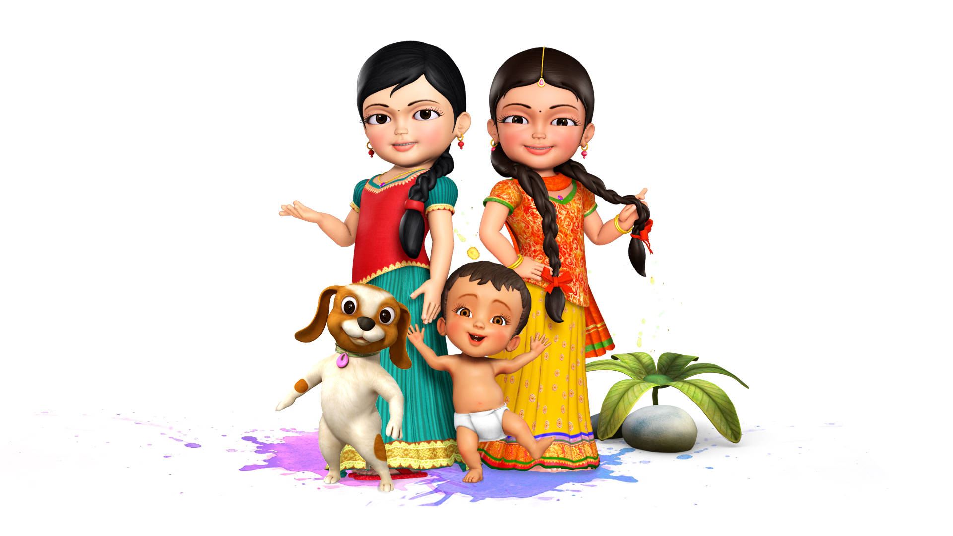 Family 桌布 壁紙 — 兩個微笑的女孩和一個嬰兒帶著一隻狗站在椰子樹旁邊的彩色油漆潑灑上。