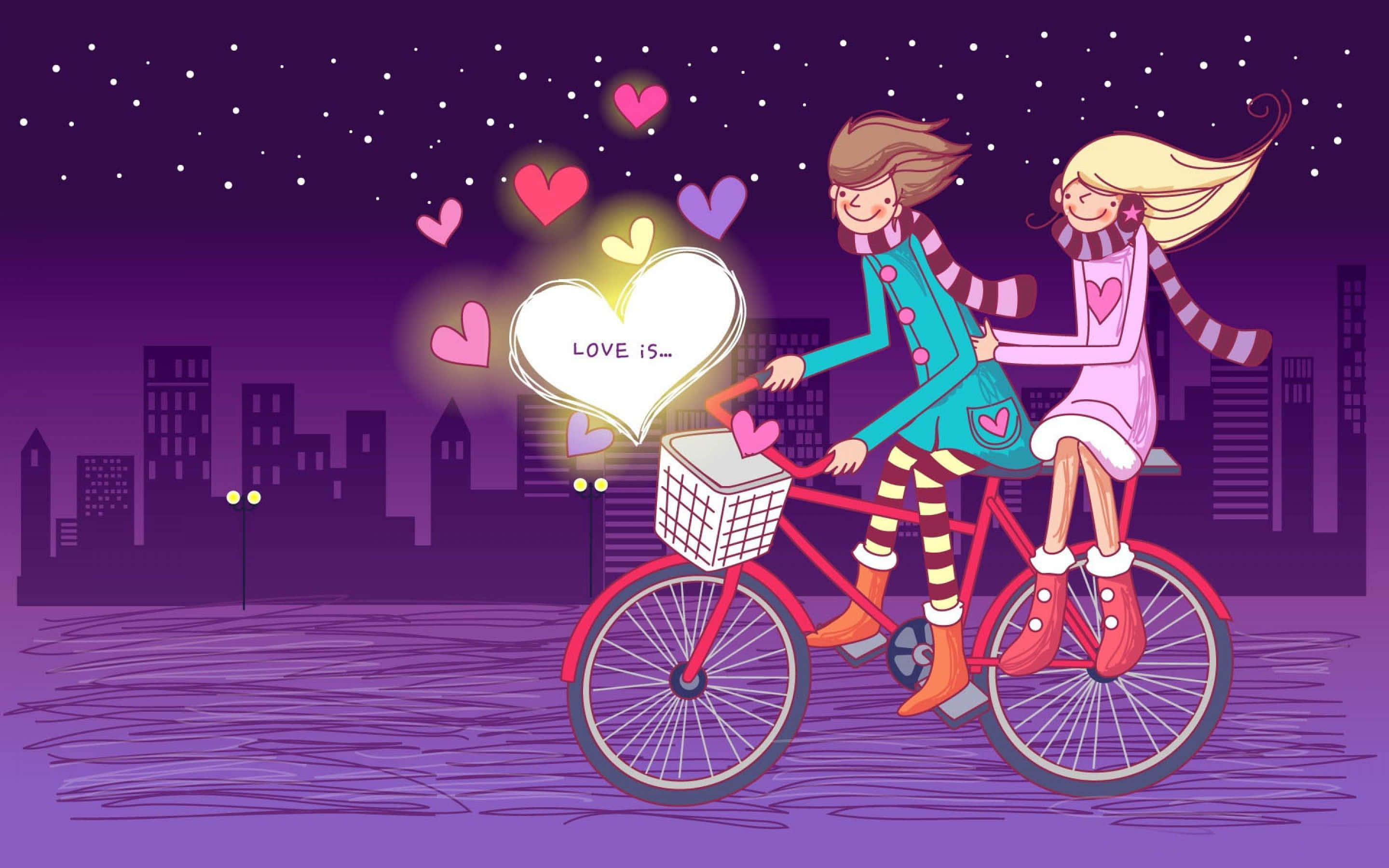 couple love 桌布 壁紙 — 兩個微笑的女孩騎著紅色腳踏車穿過紫色的夜景，周圍有漂浮的心形和一個發光的心形標誌，上面寫著love is。