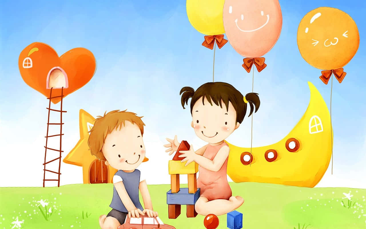 小孩動圖 桌布 壁紙 — 兩個微笑的孩子在明亮的藍天下，在歡樂的氣球下玩彩色積木。