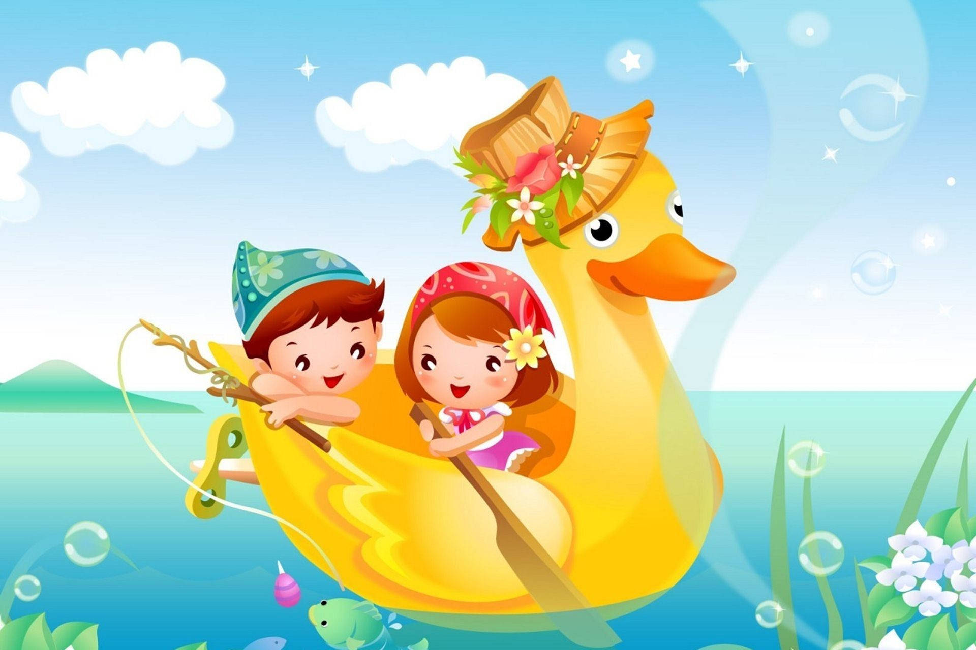 Animated Cartoon 桌布 壁紙 — 兩個微笑的孩子快樂地划著一艘黃色鴨子船，穿過閃閃發光的藍色水面，天空晴朗，白雲朵朵。