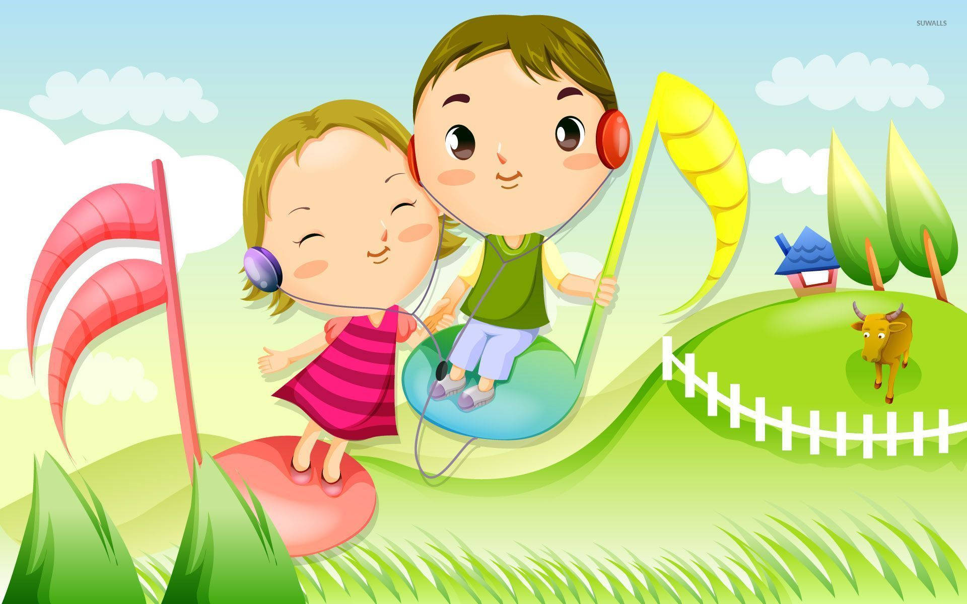 小孩動圖 桌布 壁紙 — 兩個微笑的孩子戴著耳機站在巨大的音符上，背景是充滿活力的卡通草地，有牛和房子。