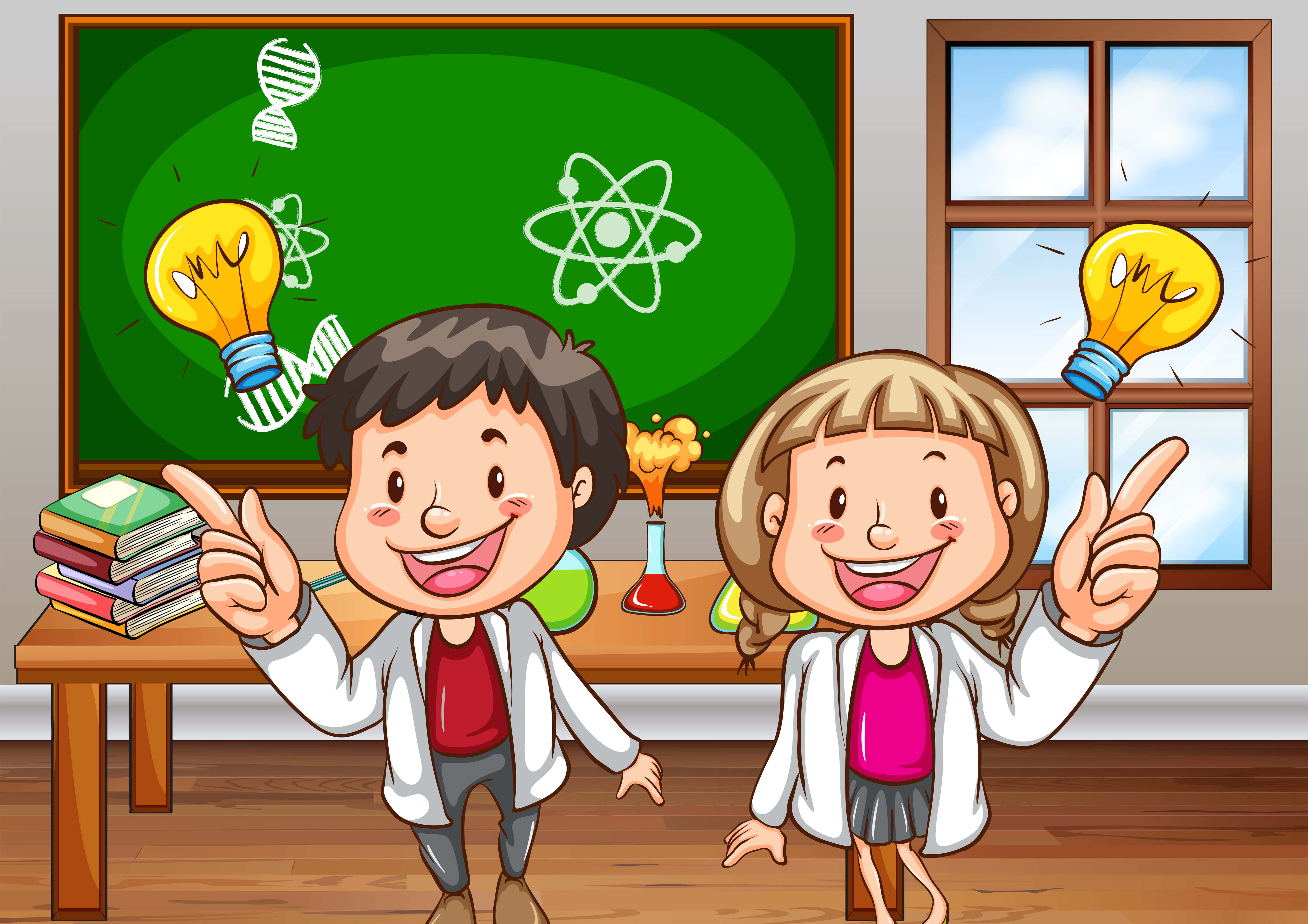 Cartoon Science 桌布 壁紙 — 兩個微笑的孩子穿著實驗室外套，興奮地指向漂浮在充滿科學符號的黑板附近的發光燈泡。