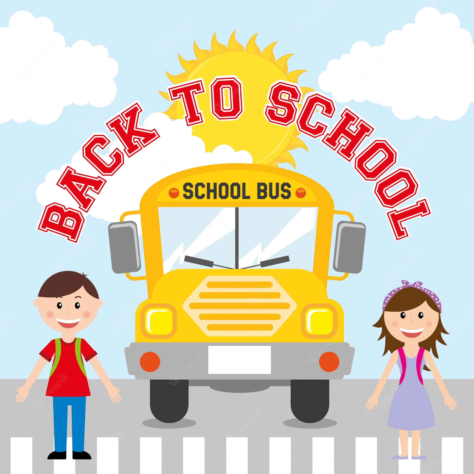 Bus 桌布 壁紙 — 兩個微笑的孩子站在斑馬線旁，旁邊有一輛黃色校車，天空晴朗，上面寫著「BACK TO SCHOOL」。