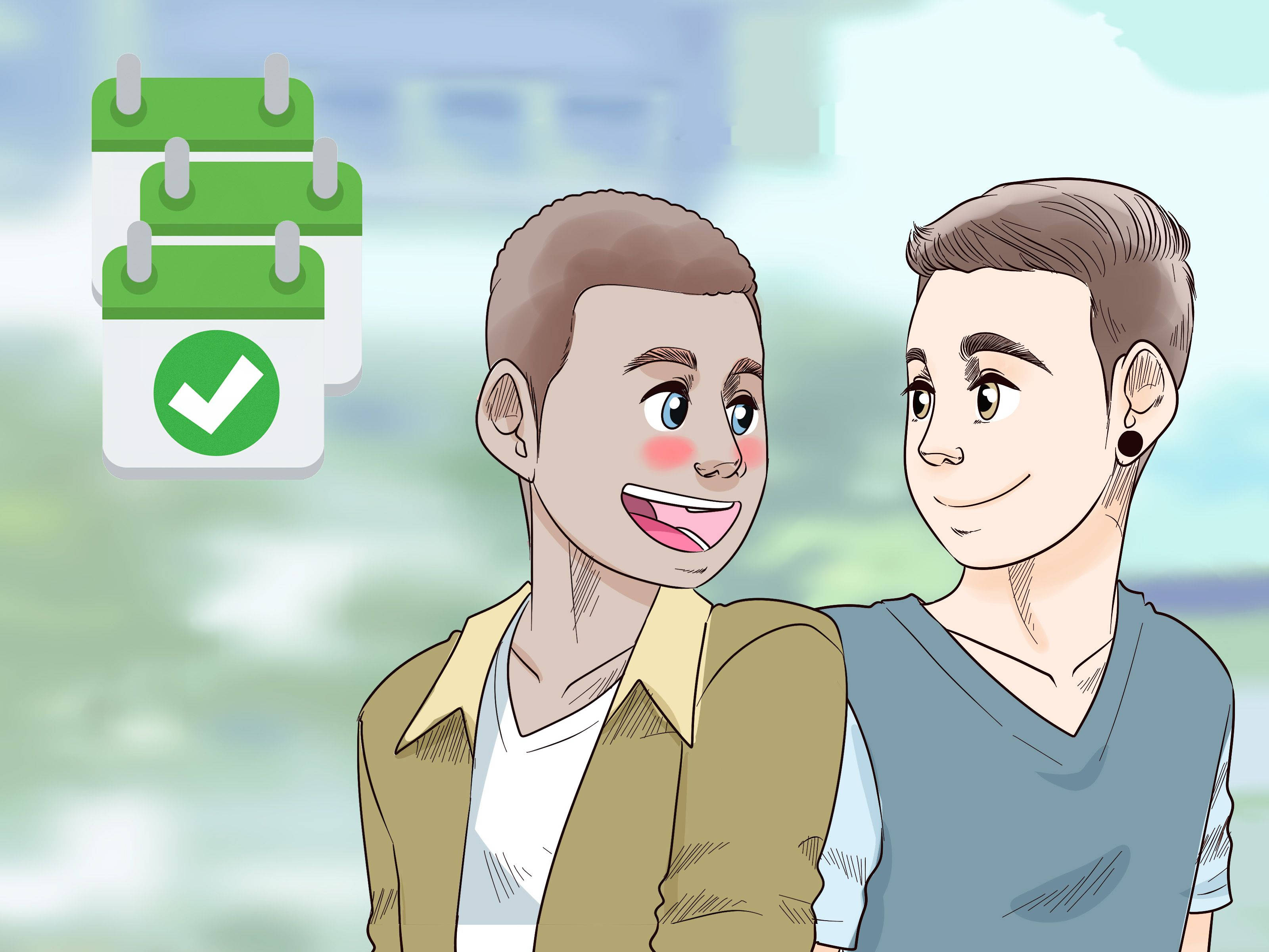 gay love 桌布 壁紙 — 兩個微笑的年輕男子緊密站在一起，上方有一個帶有勾號的綠色日曆圖標。