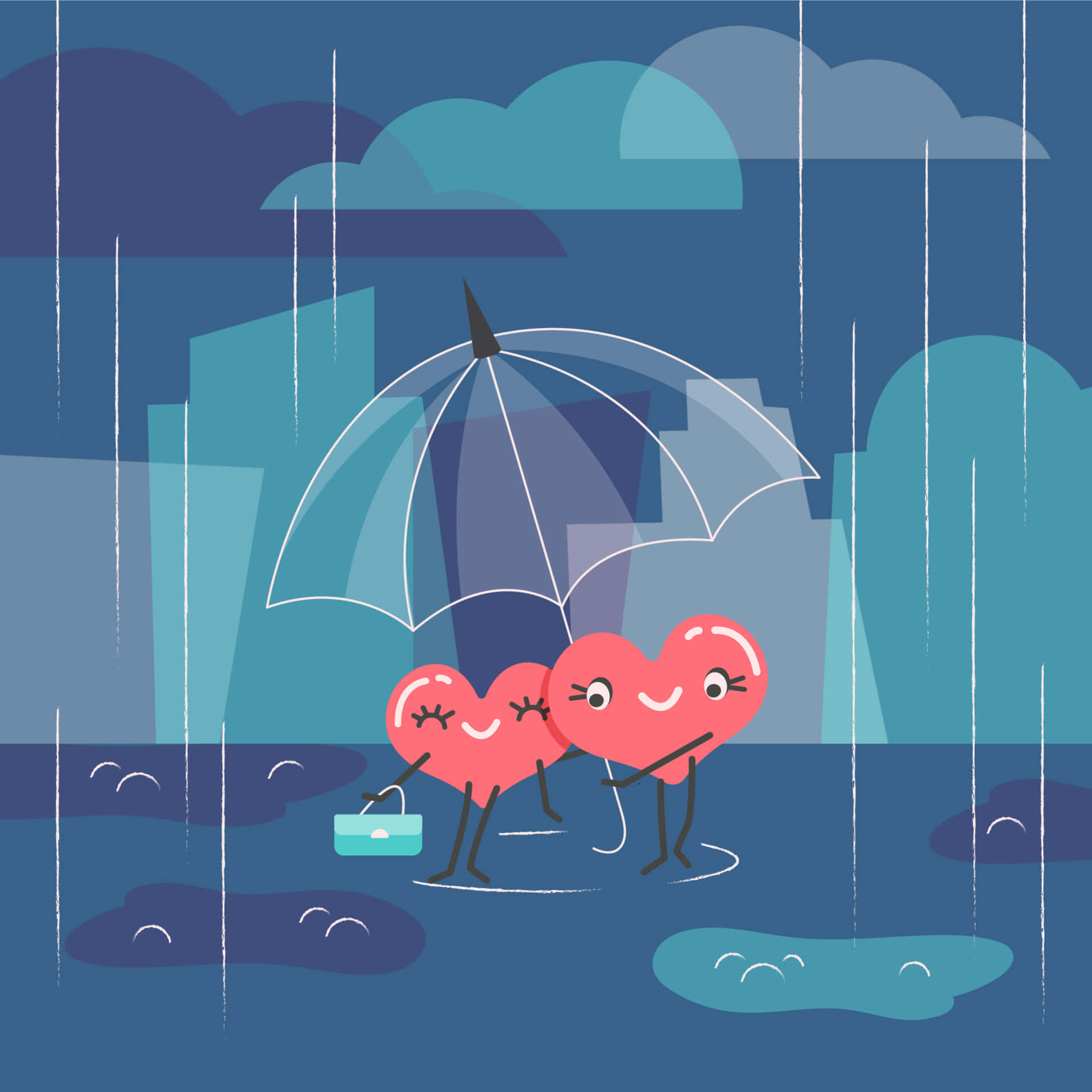 愛心 桌布 壁紙 — 兩個微笑的心形角色在雨中城市景觀中撐著透明雨傘，走過水坑。