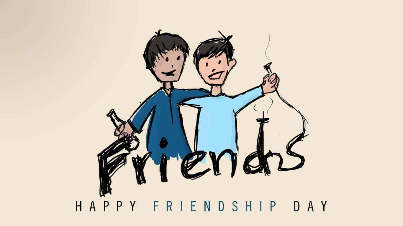 Friendship Day 桌布 壁紙 — 兩個微笑的朋友穿著藍色襯衫擁抱，同時手持冒煙的瓶子，以手繪風格慶祝友誼日。