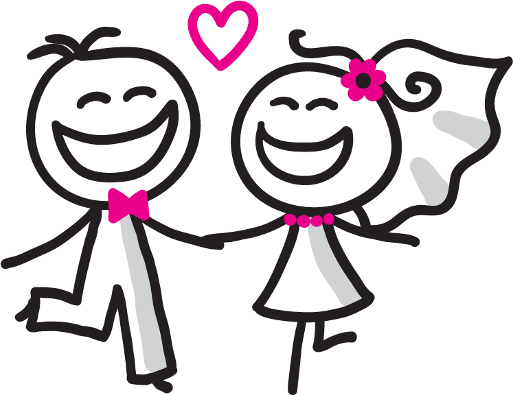 Marriage Clipart 桌布 壁紙 — 兩個微笑的棍狀人物手牽手，在粉紅色心形下，其中一個人物頭上有一朵花。