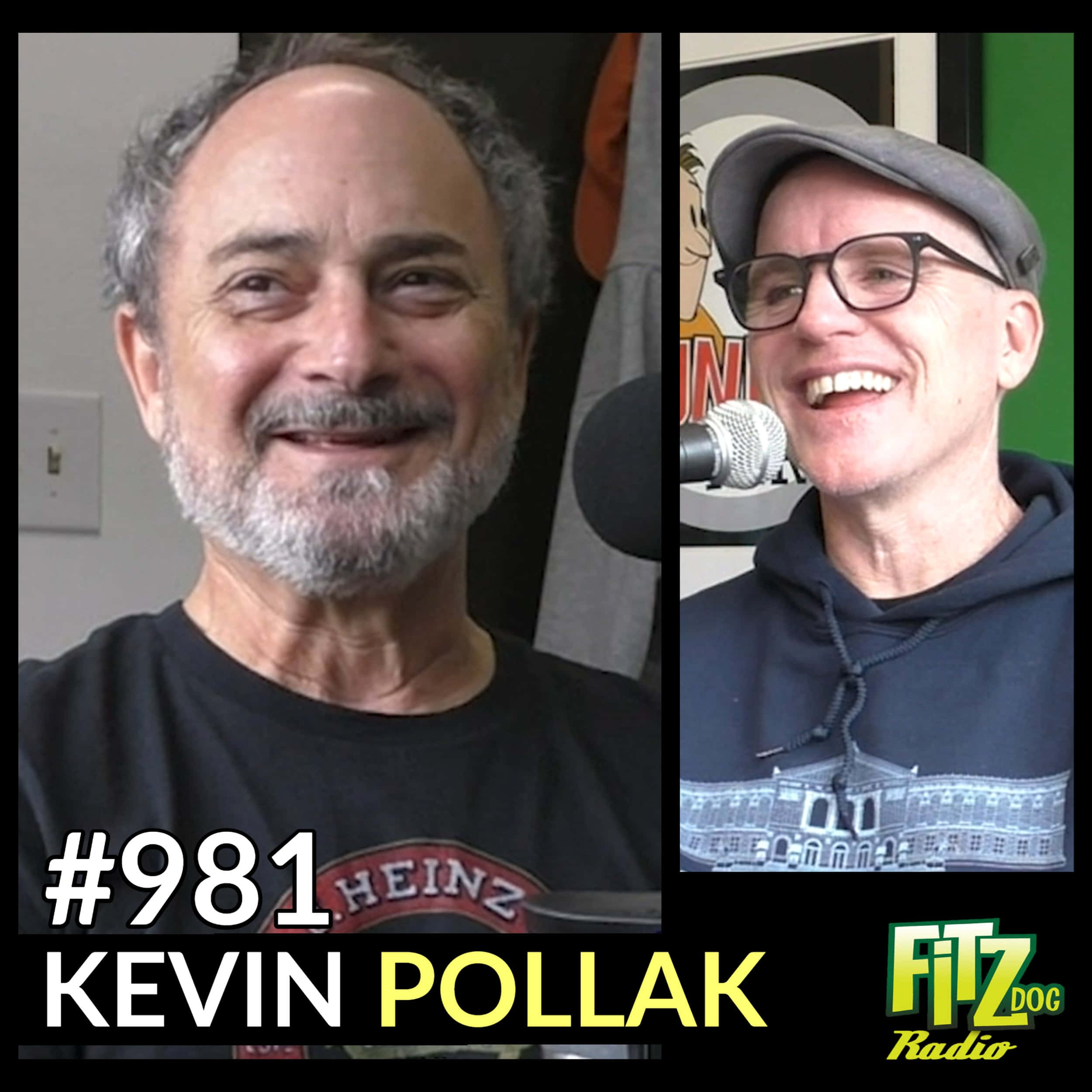 Kevin Pollak 桌布 壁紙 — 兩個微笑的男人在分屏播客設置中，配有麥克風和品牌圖形。