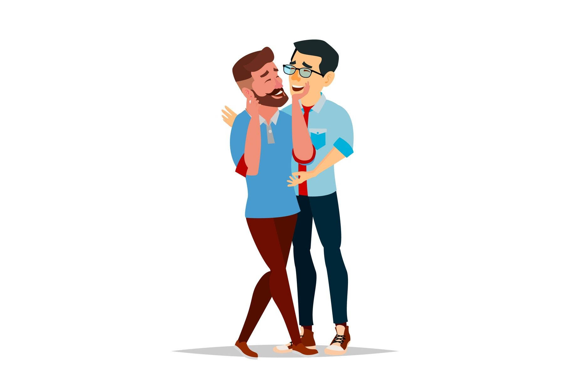 Cute Couple Cartoon 桌布 壁紙 — 兩個微笑的男人在歡快的卡通插圖中熱情擁抱，帶有柔和陰影。