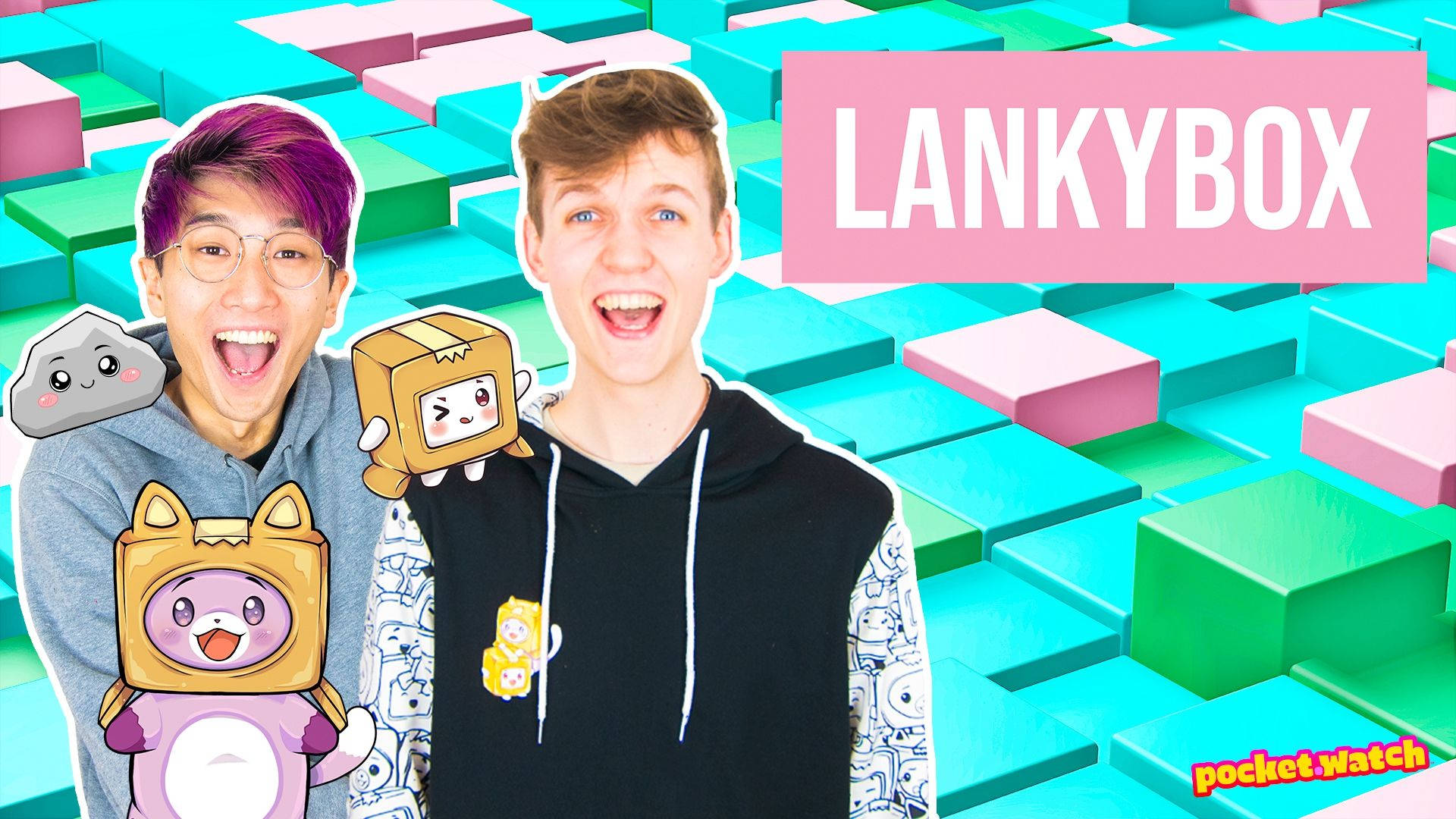 Lankybox 桌布 壁紙 — 兩個微笑的男人穿著連帽衫，與可愛的卡通角色在充滿活力的3D方塊背景前擺姿勢。