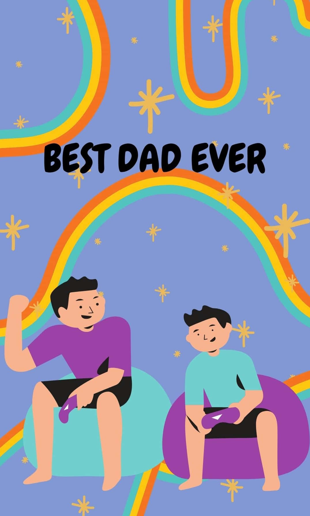 daddy 桌布 壁紙 — 兩個微笑的男孩坐在色彩繽紛的豆袋椅上，背景是紫色天空下帶有星星的彩虹拱門。
