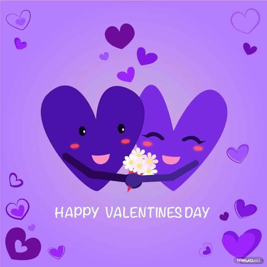 happy valentine's day 桌布 壁紙 — 兩個微笑的紫色心形角色拿著一束雛菊，背景是帶有漂浮心形的漸變紫色背景。