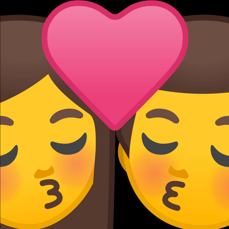 Love Emoji 桌布 壁紙 — 兩個微笑的表情符號在黑暗背景上親吻，上面漂浮著一個粉紅色的心形。
