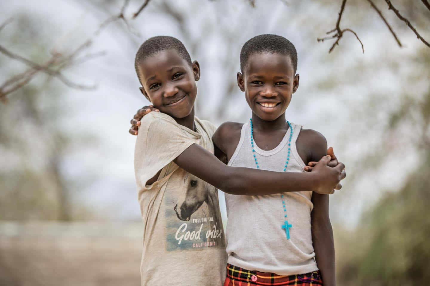 African 桌布 壁紙 — 兩個微笑的非洲男孩在柔和自然光下溫暖擁抱，背景是模糊的樹枝。