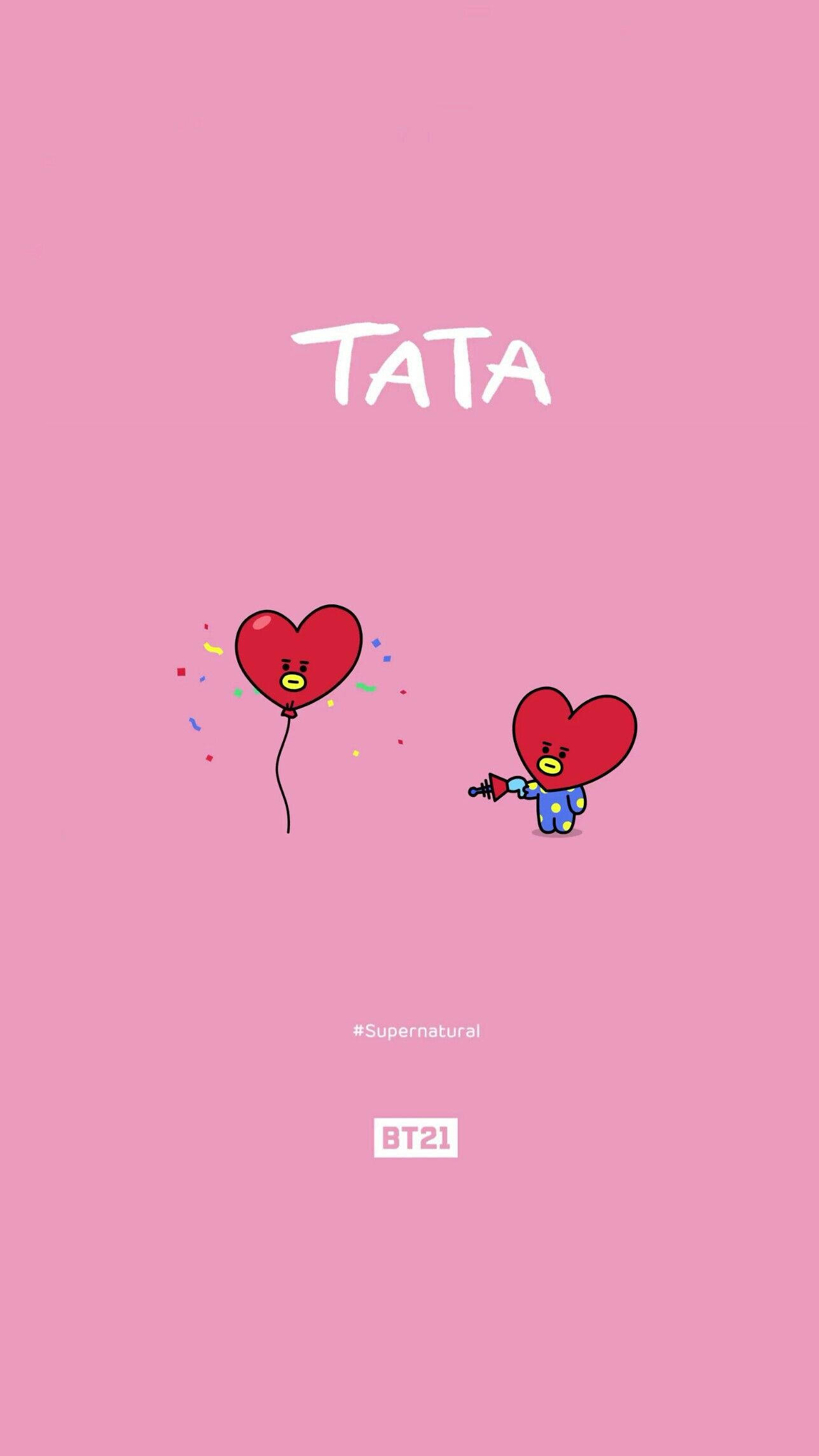 塔塔 BT21 桌布 壁紙 — 兩個心形BT21角色漂浮在粉紅色背景上，其中一個拿著氣球，周圍爆出五彩紙屑。