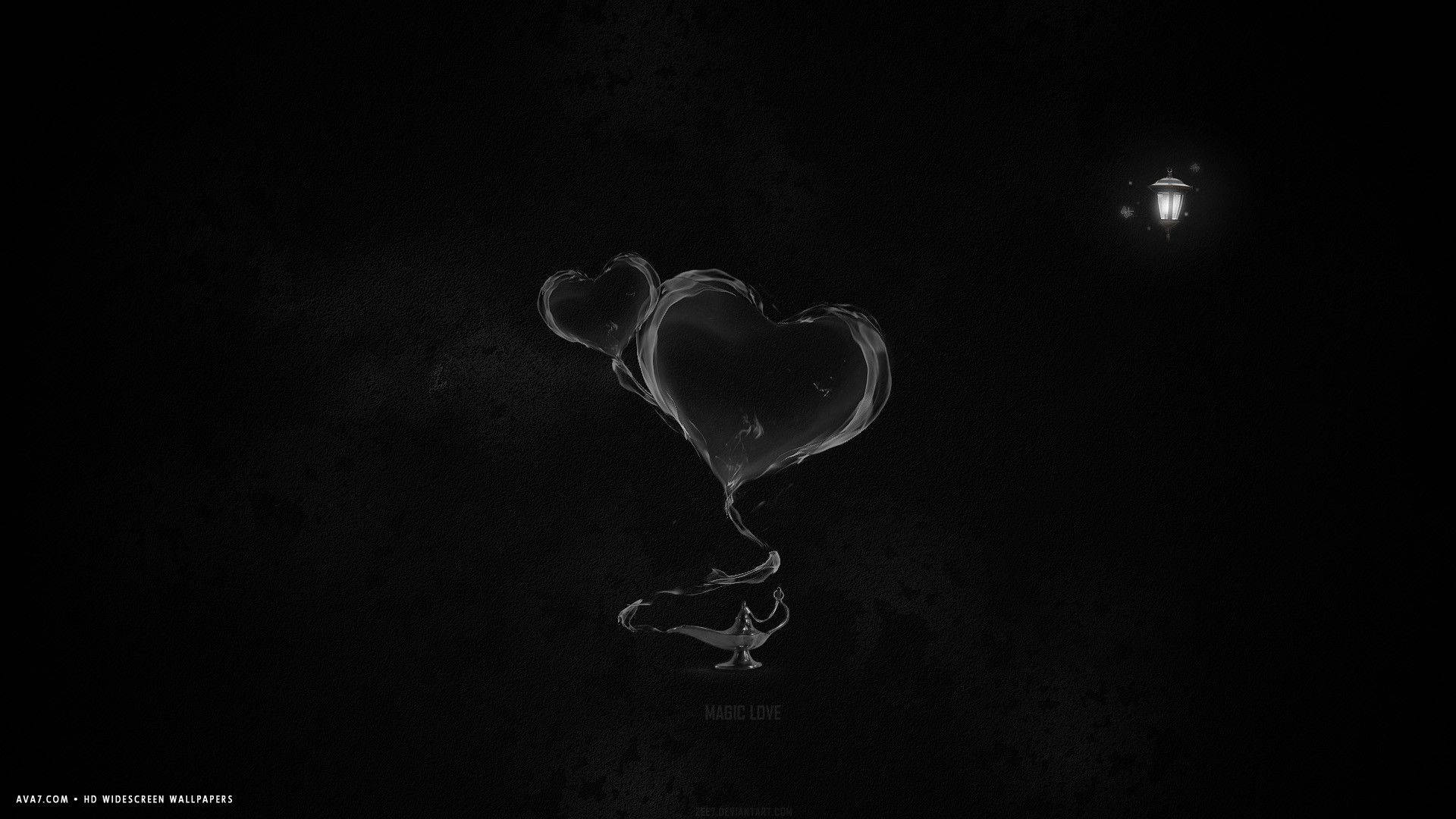 Dark Heart 桌布 壁紙 — 兩個心形氣球在黑暗中漂浮，繫在神燈上，遠處街燈發出微光。