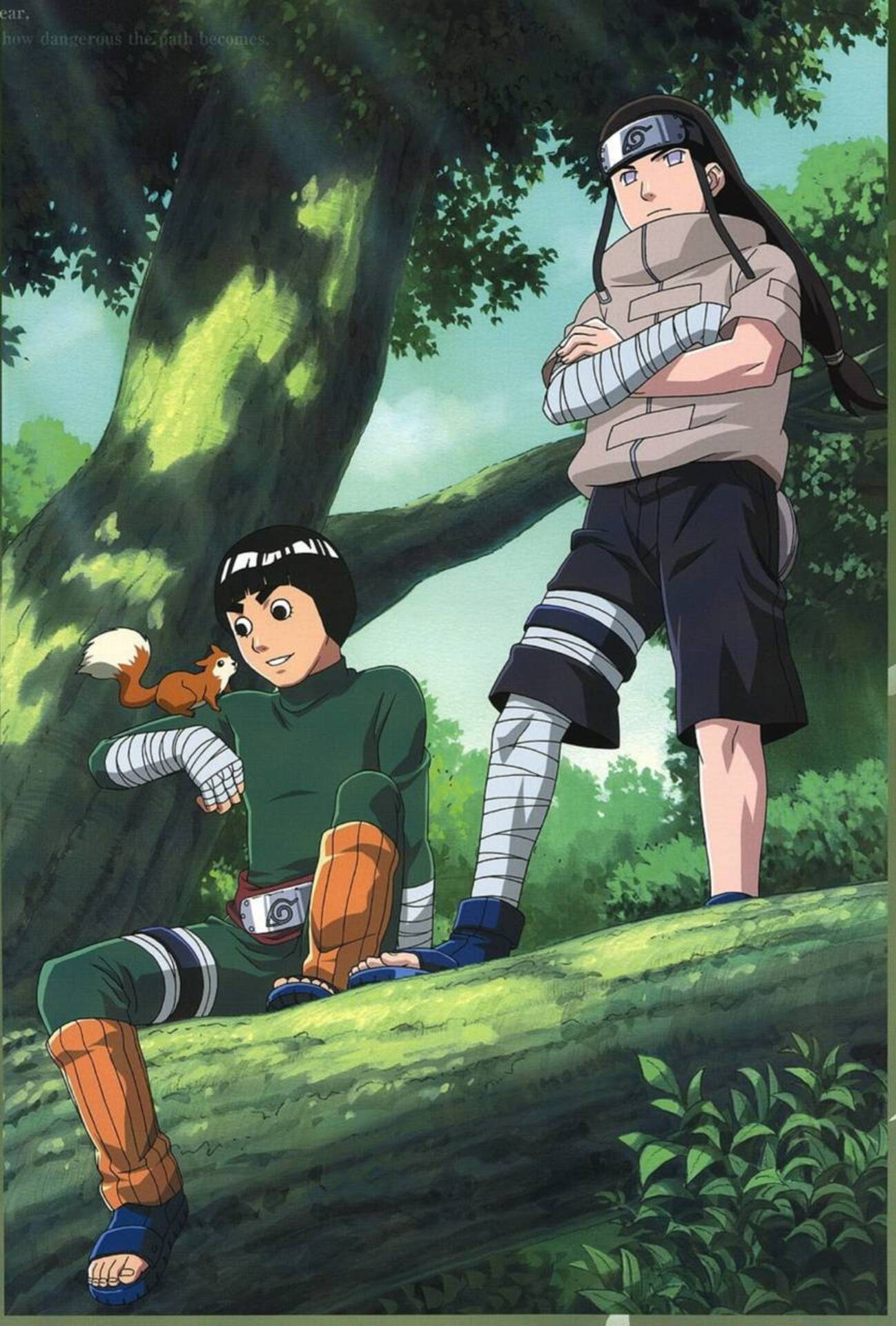 Neji 桌布 壁紙 — 兩個忍者角色在茂密的綠色森林中，坐在和站在一棵大樹下，附近有一隻小狐狸。
