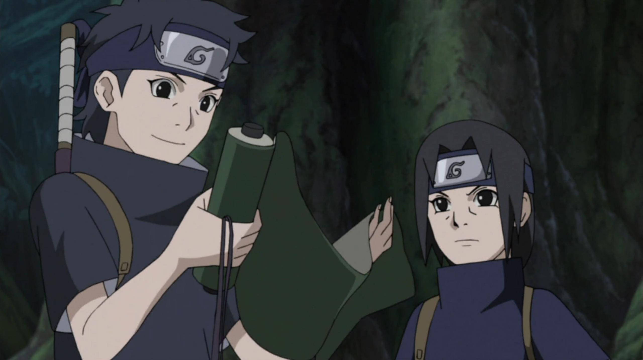 Shisui 桌布 壁紙 — 兩個忍者角色在黑暗森林中，戴著頭帶和裝備並肩站立。