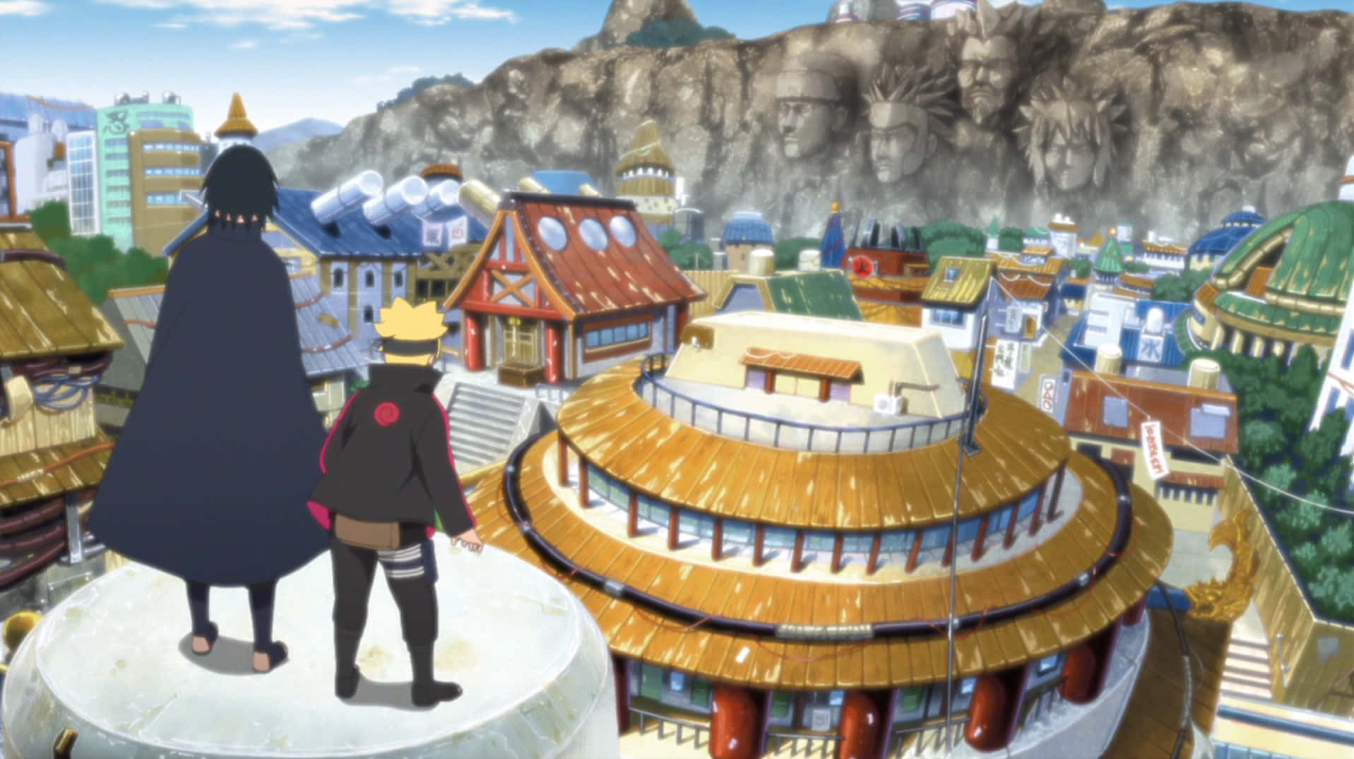 Konoha 桌布 壁紙 — 兩個忍者角色站在圓頂之上，俯瞰一個充滿活力的村莊，村莊內有傳統和現代建築，天空清澈湛藍。