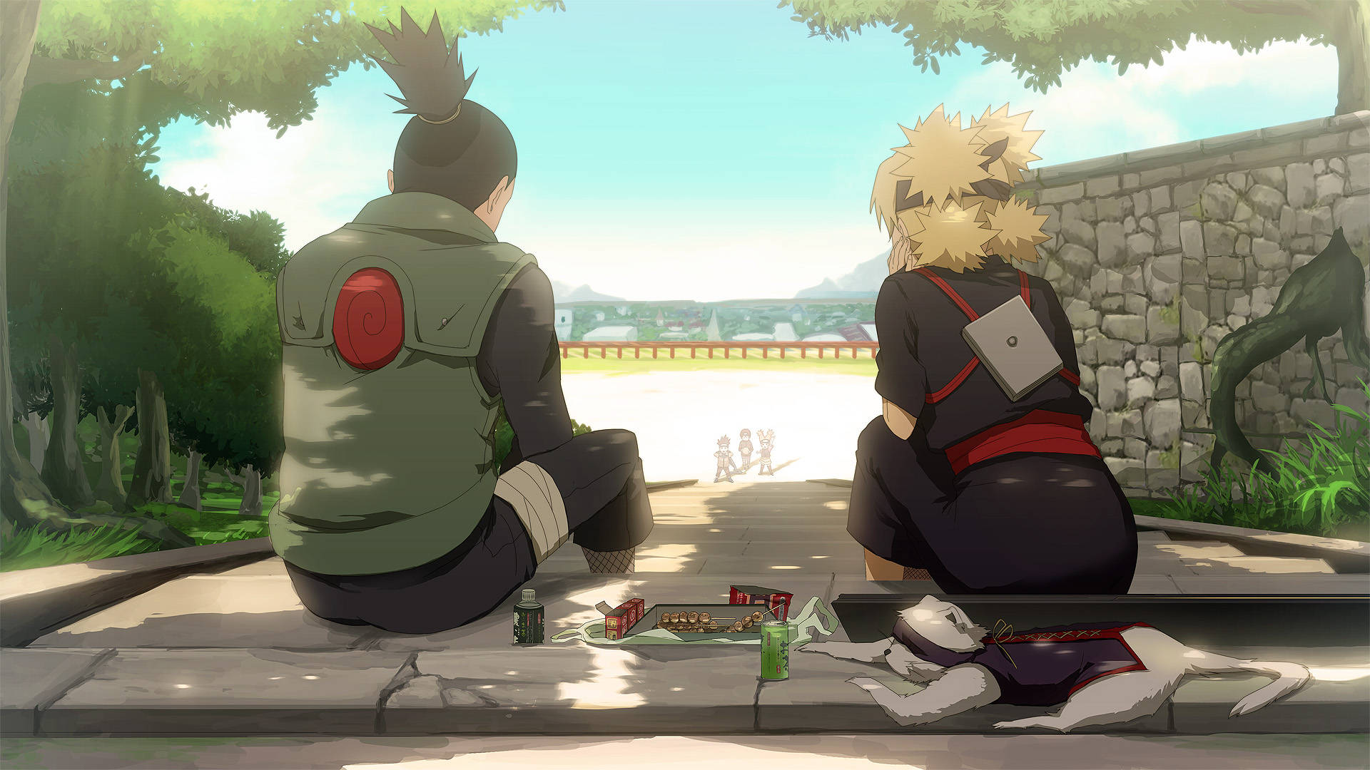 Shikamaru 桌布 壁紙 — 兩個忍者角色背對背坐在石崖上，俯瞰村莊，附近有一隻狗在明亮的日光下休息。
