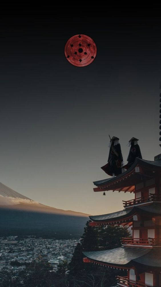 Rooftop 桌布 壁紙 — 兩個忍者身影站在傳統日本寺廟頂端，以暮色天空為背景，富士山上空漂浮著發光的紅色寫輪眼。