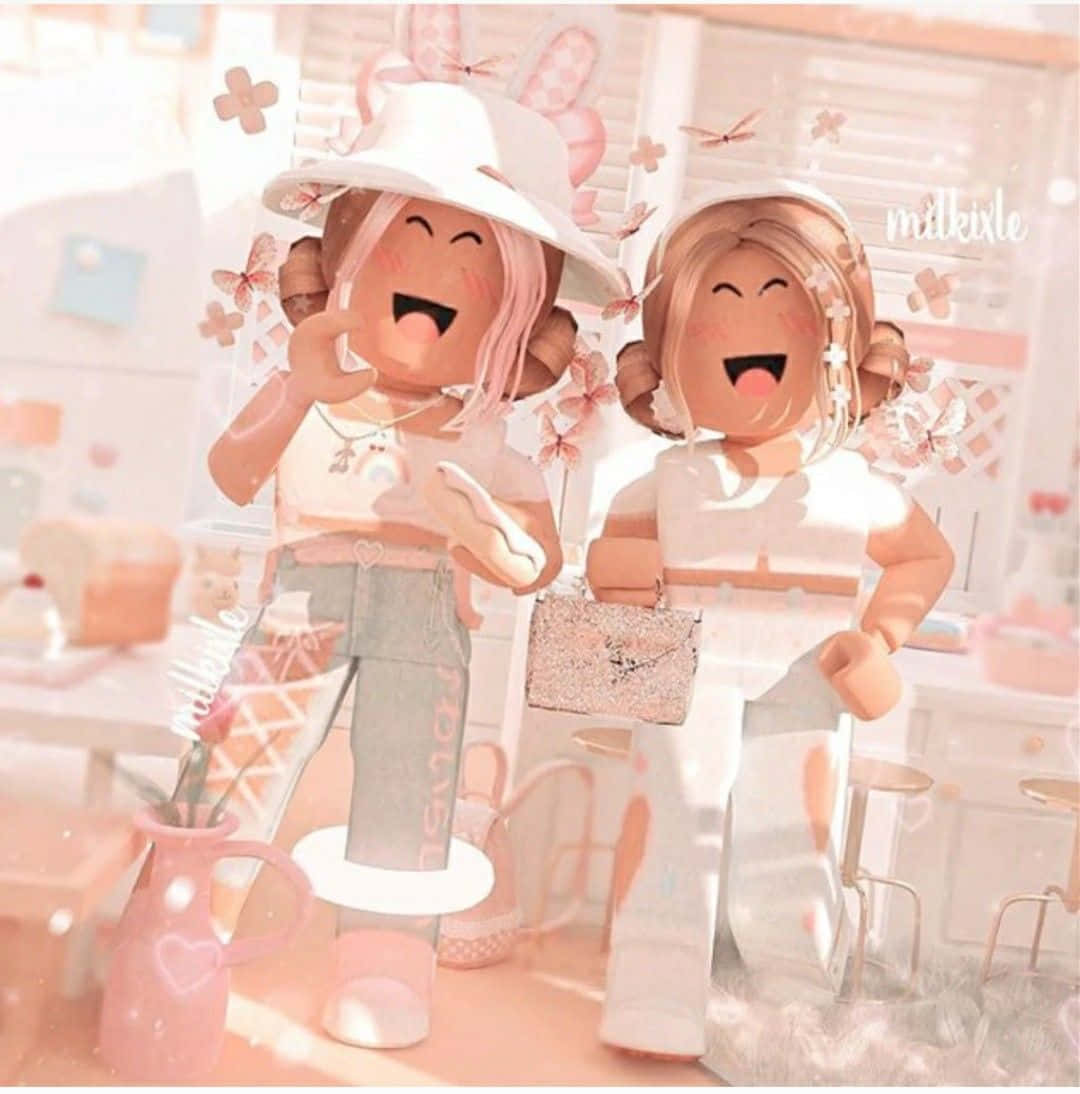 Roblox Bff 桌布 壁紙 — 兩個快樂的 Roblox 角色在粉彩粉紅色的房間裡笑著，手持零食和閃亮手袋。