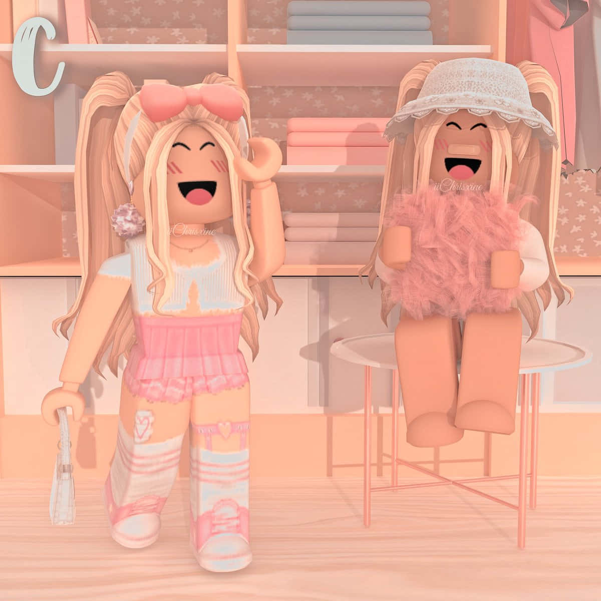 Roblox Bff 桌布 壁紙 — 兩個快樂的 Roblox 頭像穿著粉彩粉紅色服裝，在一個舒適的星星圖案臥室裡一起大笑。