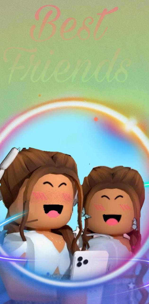 Bff Roblox 桌布 壁紙 — 兩個快樂的Roblox角色，棕色頭髮，在發光的彩虹圈內一起大笑，下方有「最佳朋友」文字。