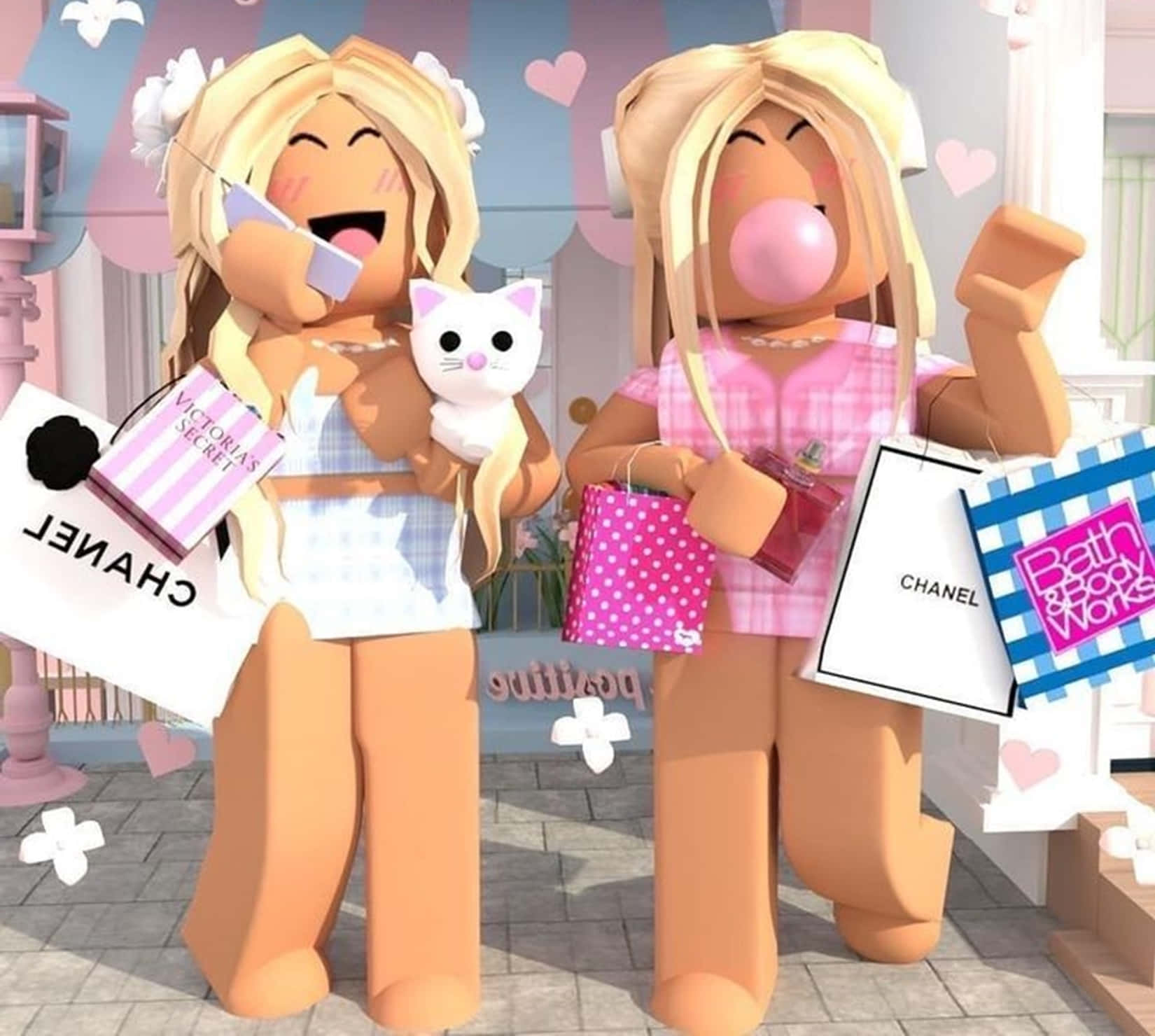 Roblox 桌布 壁紙 — 兩個快樂的Roblox角色，金髮，拿著購物袋和一隻白貓，在粉紅色店舖前擺姿勢。