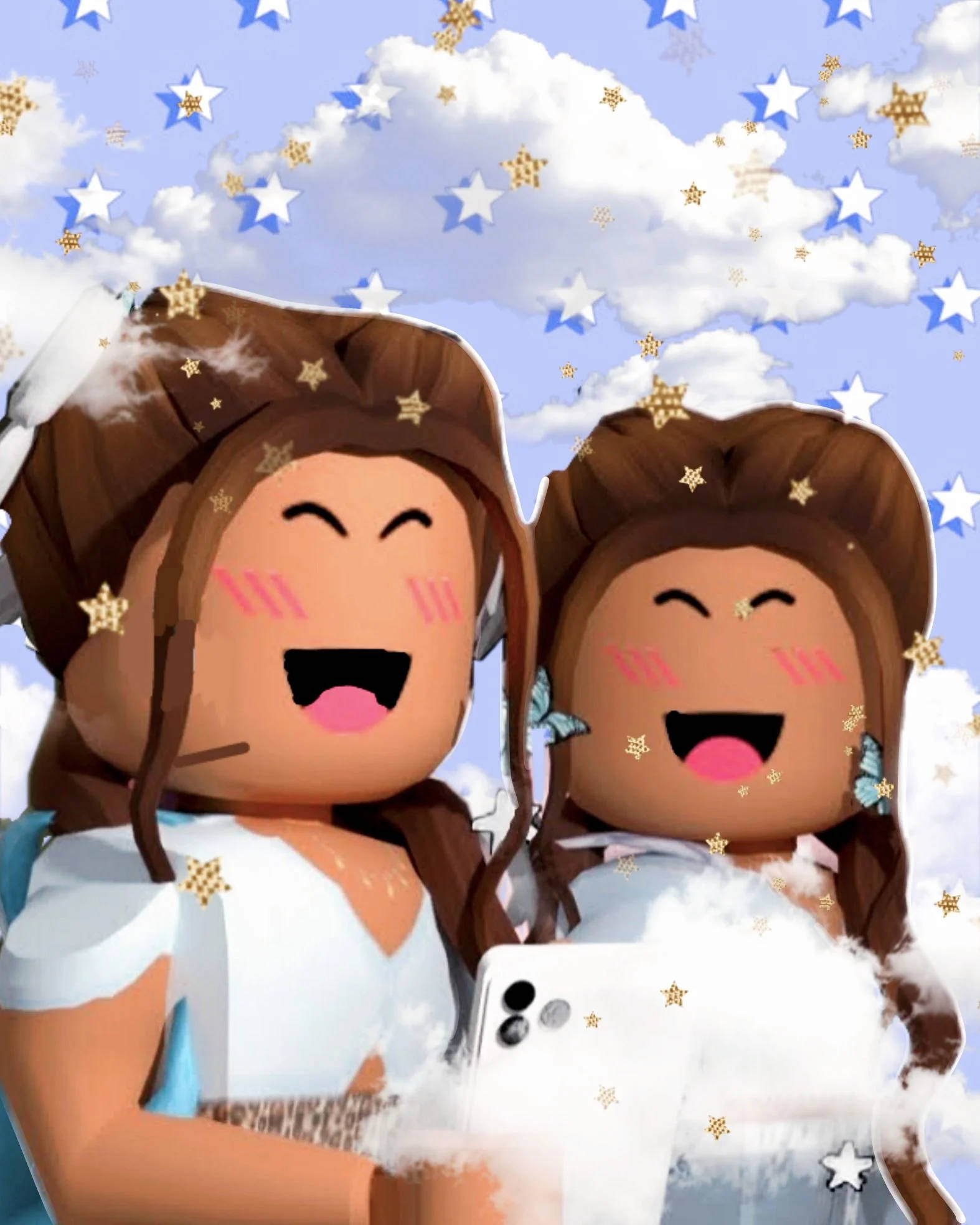 Roblox 桌布 壁紙 — 兩個快樂的Roblox頭像，棕色頭髮，在充滿藍色星星和金色閃光的天空下一起大笑。