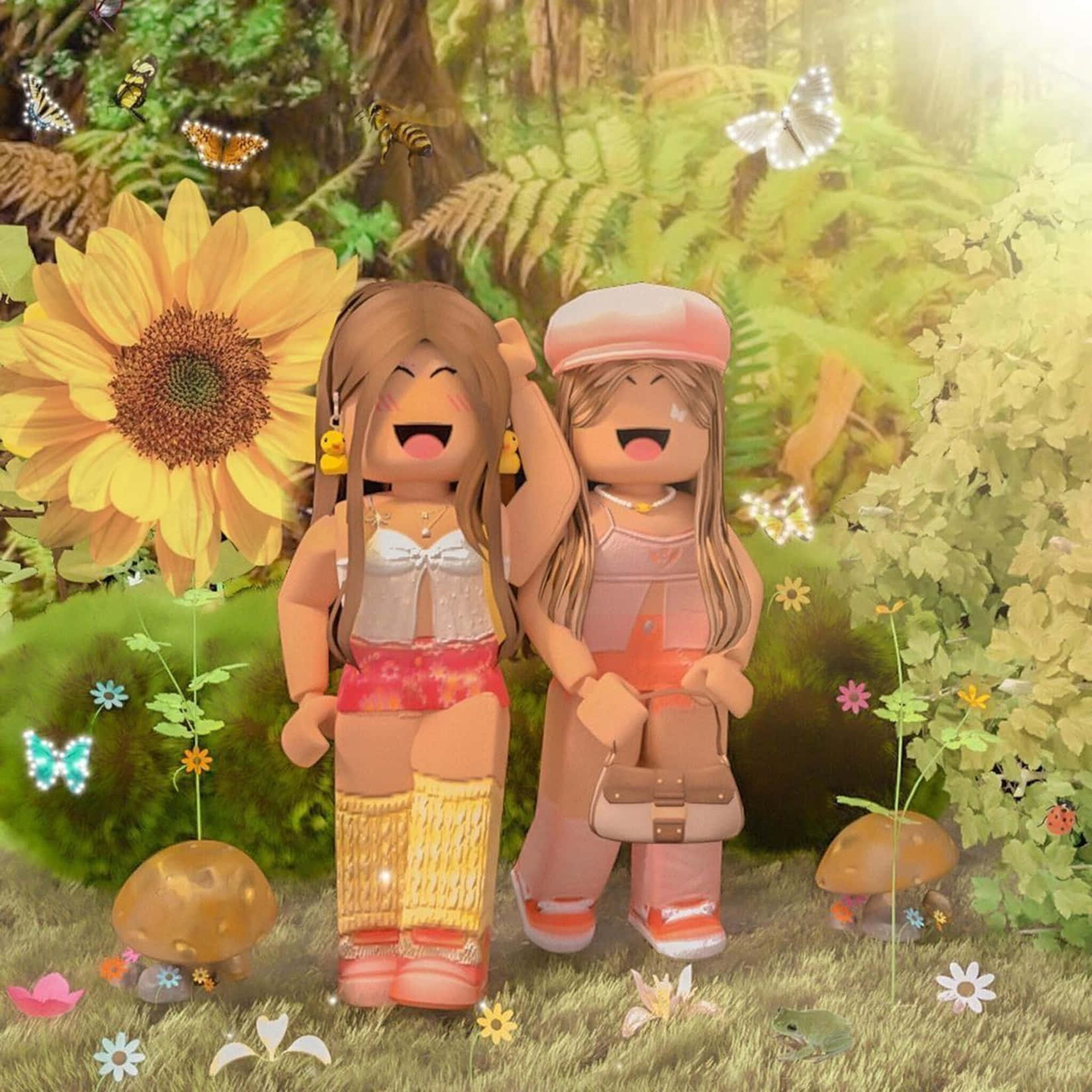 Roblox Gfx 桌布 壁紙 — 兩個快樂的Roblox頭像在陽光明媚的森林中一起大笑，周圍有巨大的向日葵、蝴蝶和發光的蘑菇。