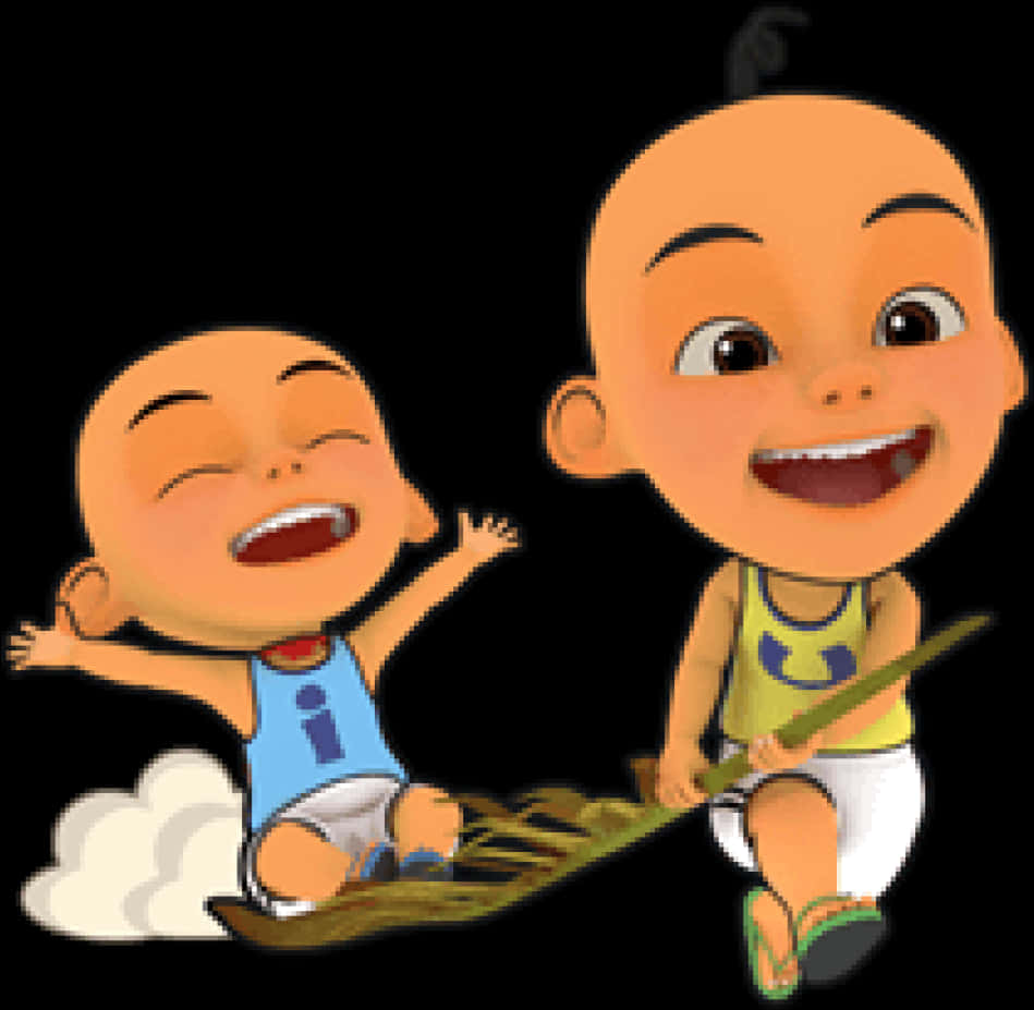 Upin Ipin 桌布 壁紙 — 兩個快樂的光頭卡通男孩笑著，乘坐葉子船在雲上，背景為黑色。