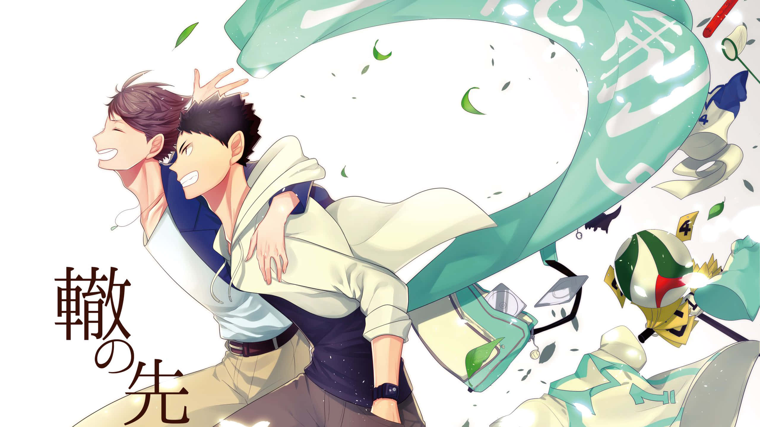 Aoba Johsai 桌布 壁紙 — 兩個快樂的動畫男孩在旋轉的綠葉和破爛的運動球衣中擁抱，構成一個動態的動作場景。