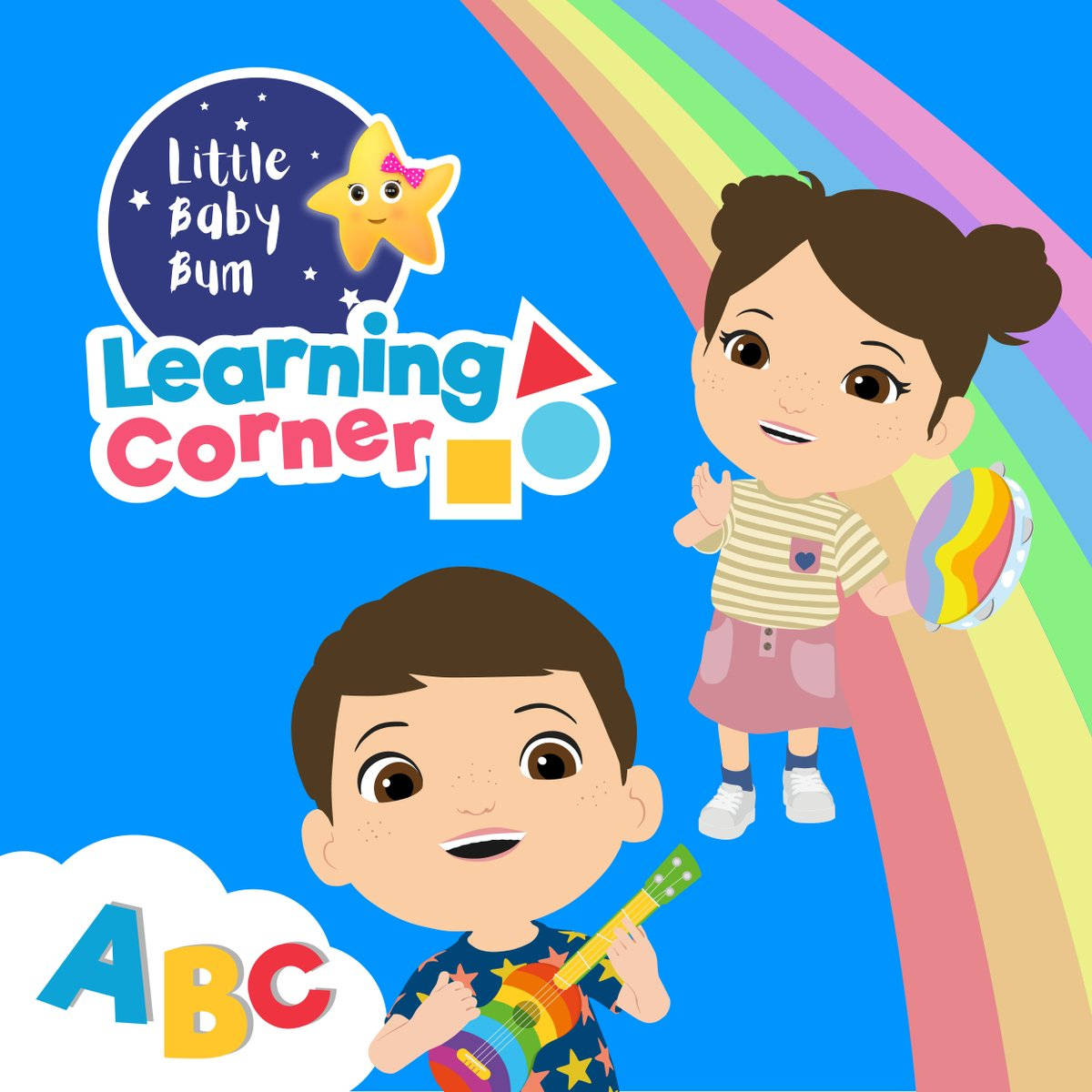字母A動圖 桌布 壁紙 — 兩個快樂的卡通兒童在明亮的藍天下，在鮮豔的彩虹下演奏樂器，並附有教育性文字。