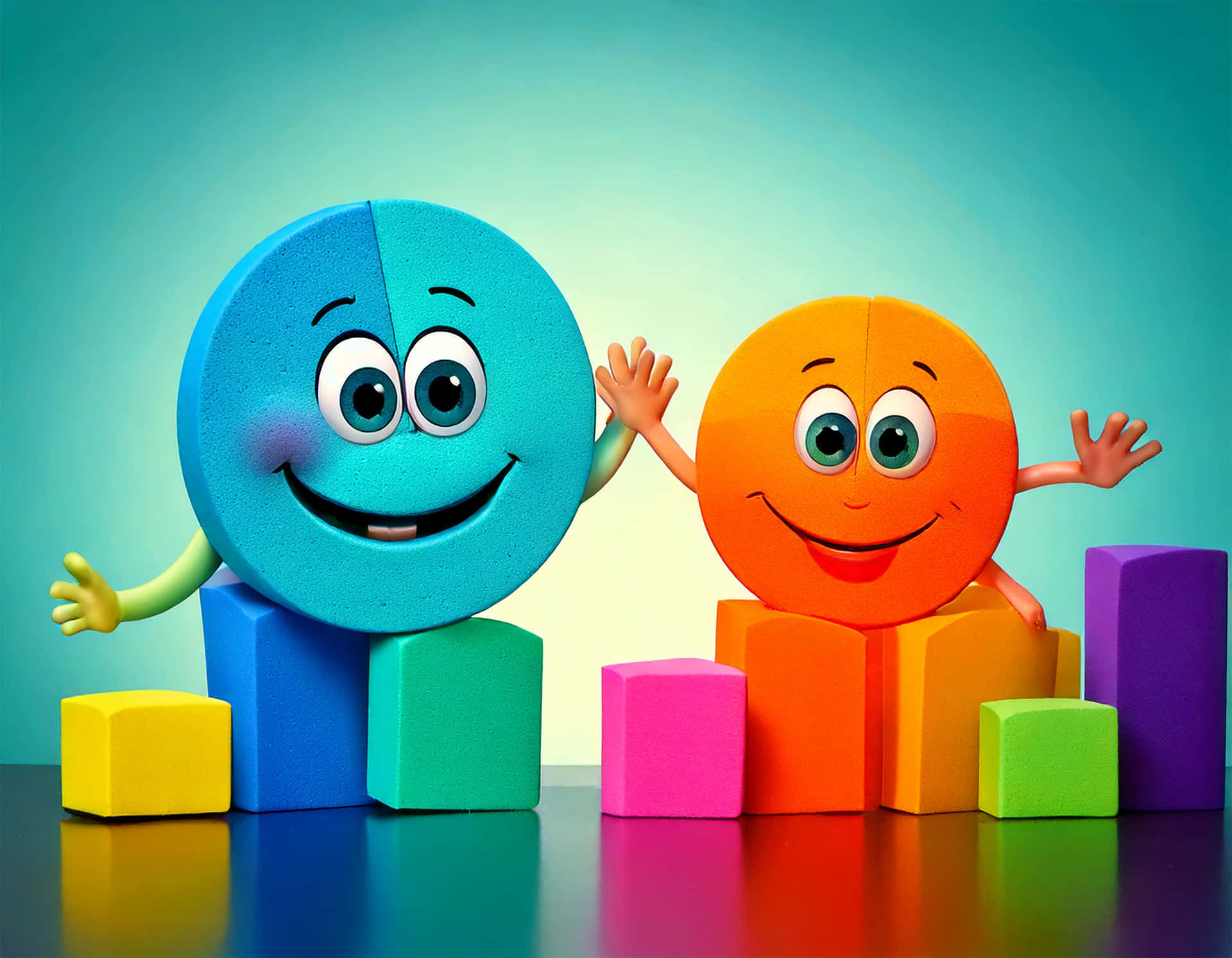 Smiling bar and pie charts with eyes and arms high-fiving 壁紙 — 兩個快樂的卡通圓圈揮動手臂，旁邊是色彩繽紛的方塊，位於反射表面上，背景為青綠色漸變。