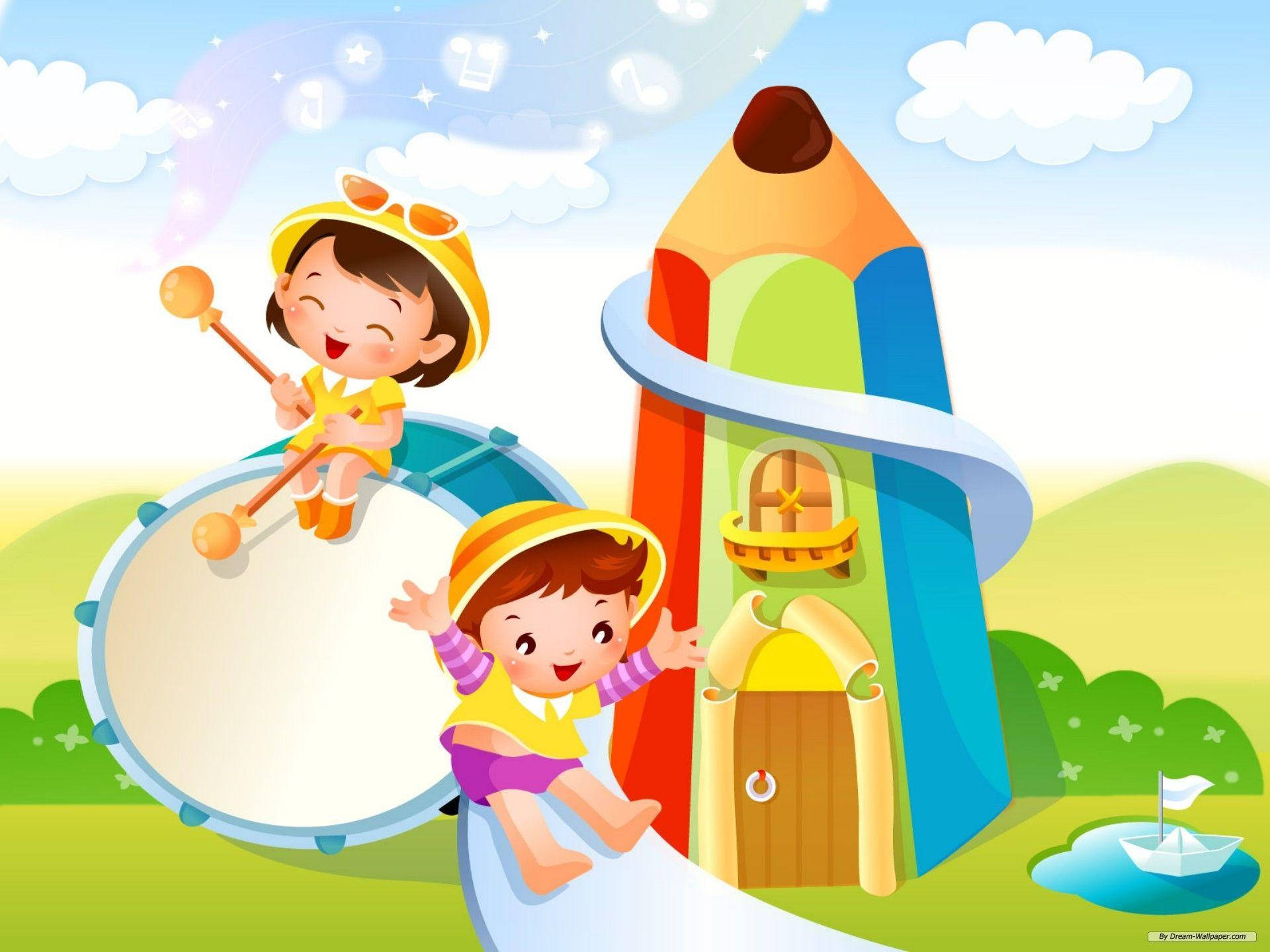 小孩動圖 桌布 壁紙 — 兩個快樂的卡通孩子在陽光明媚的草地上演奏音樂並從巨大的鉛筆城堡滑下來。
